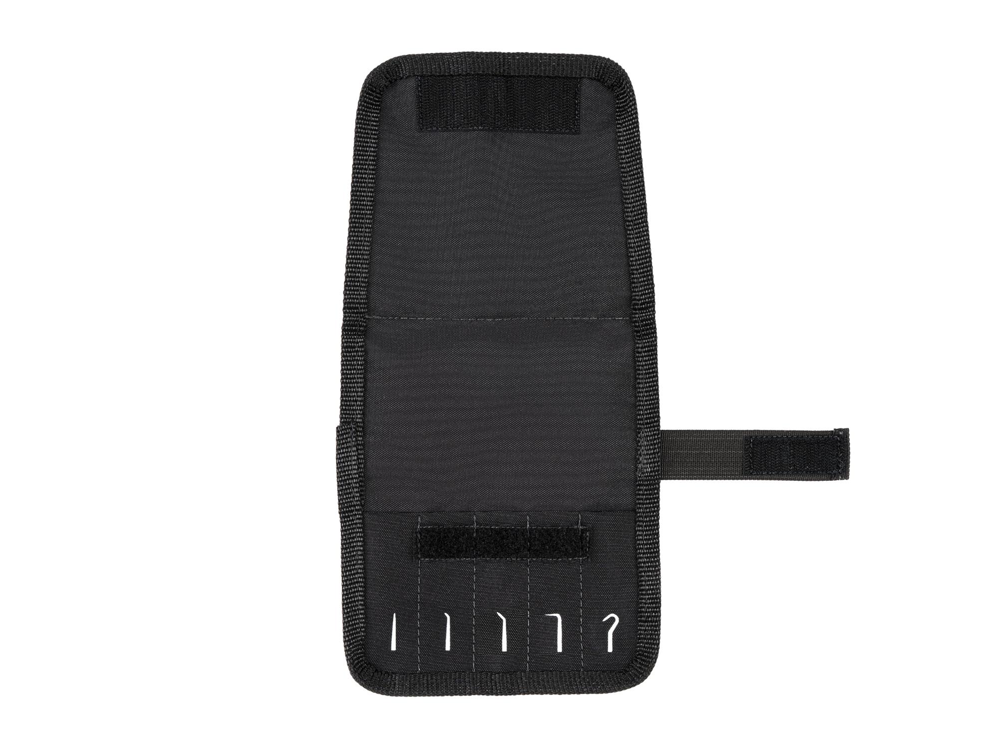 Front view of black Tekton roll pick and pry bar organization. Item #OTP71103