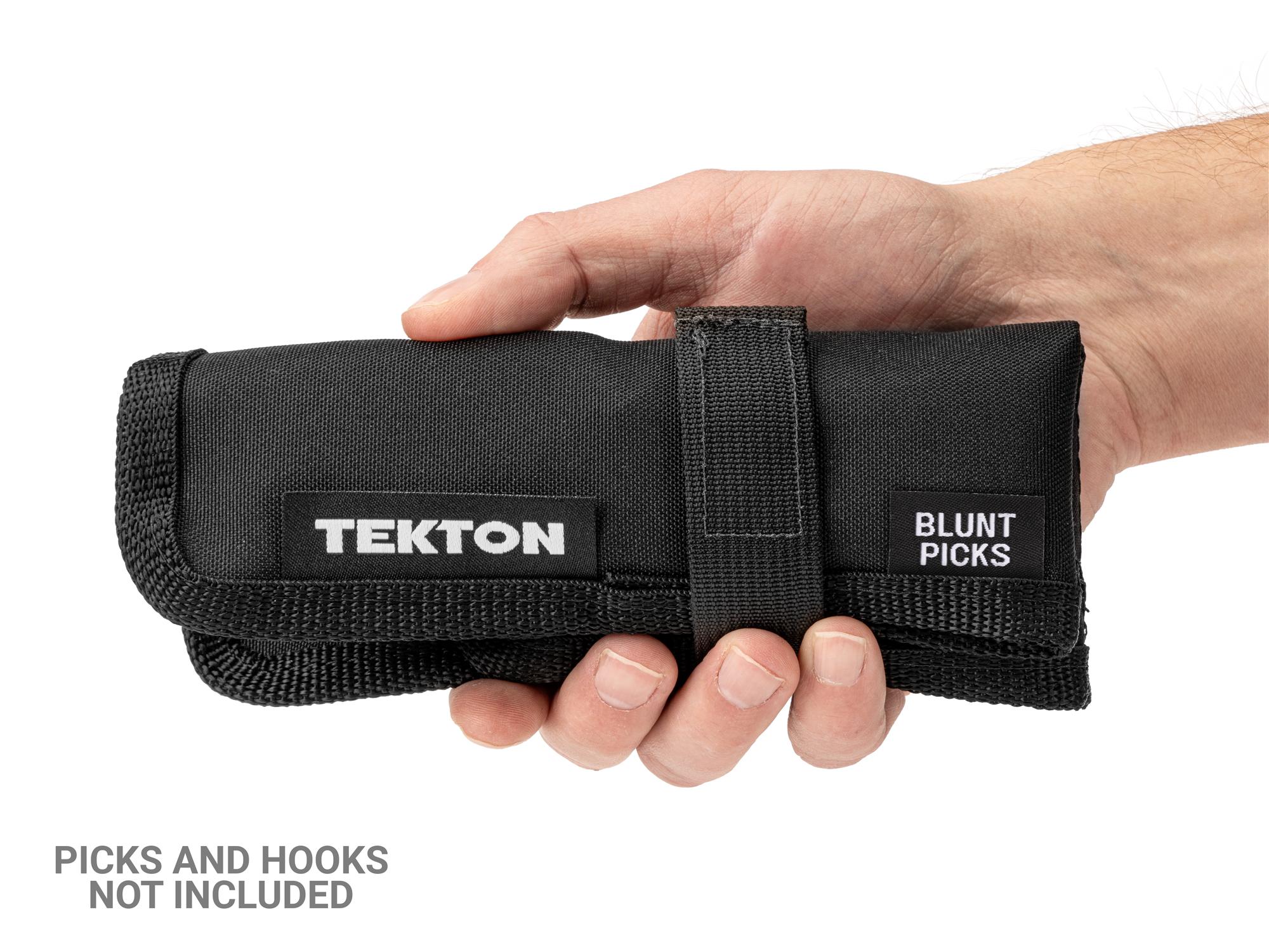 Person holding black Tekton roll pick and pry bar organization. Item #OTP71104
