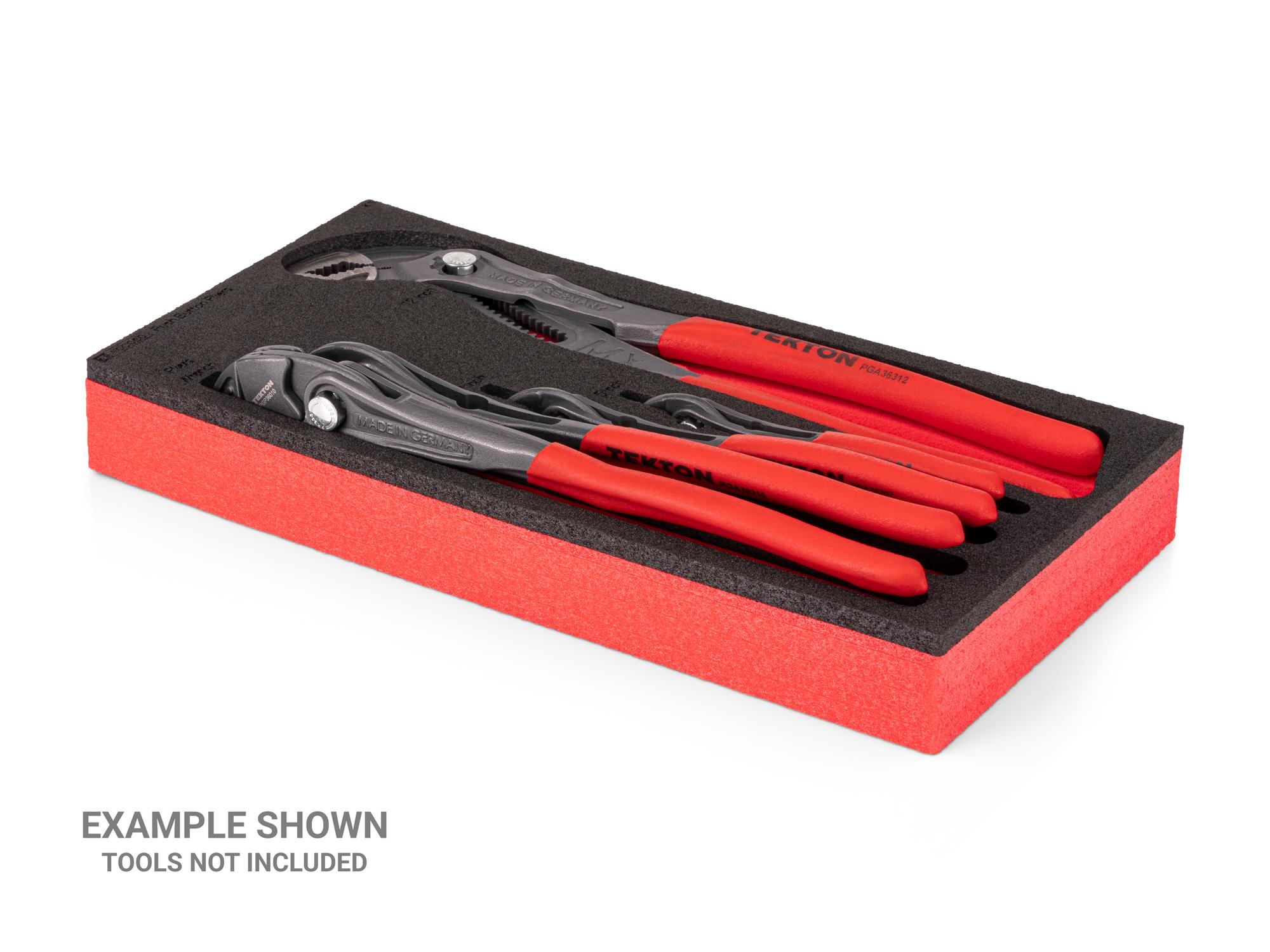 Angled view of black Tekton pliers set foam organizer, 12 x 6 inch. Example image; tools not included. F00060KR