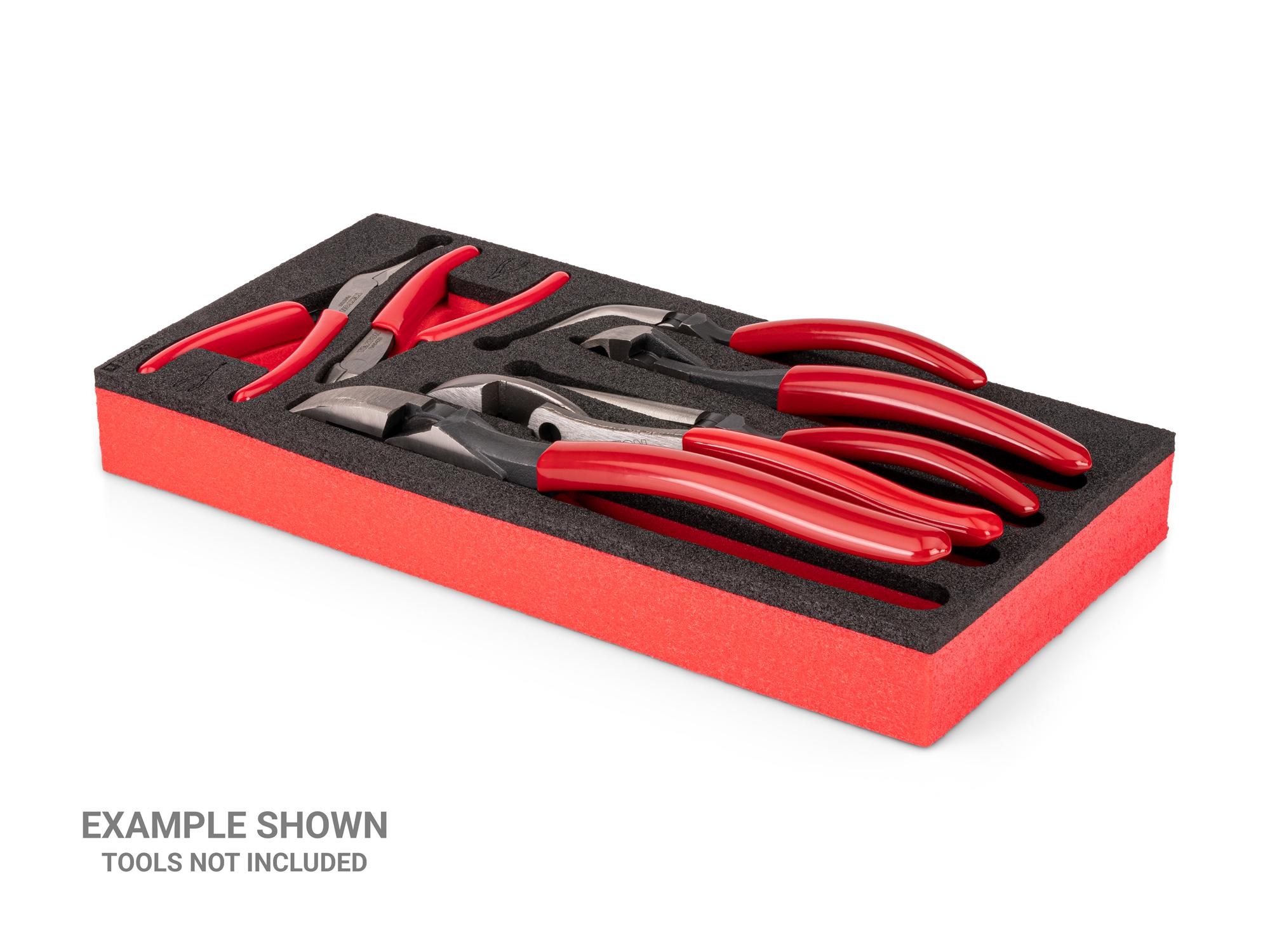 Angled view of black Tekton gripping, cutting, and mini pliers set foam organizer. Example image; tools not included. F00063KR