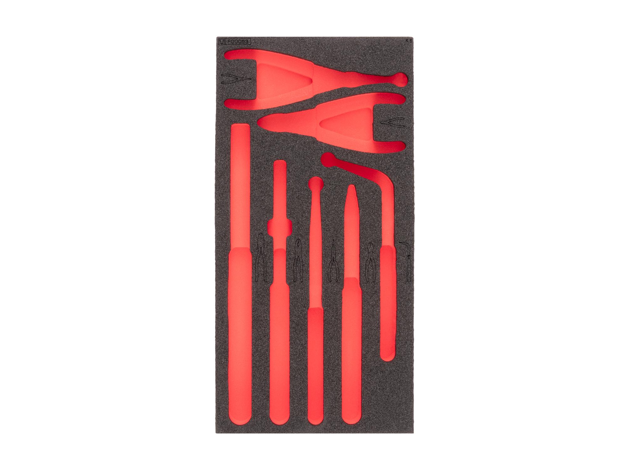 Top view of black Tekton gripping, cutting, and mini pliers set foam organizer. F00063KR