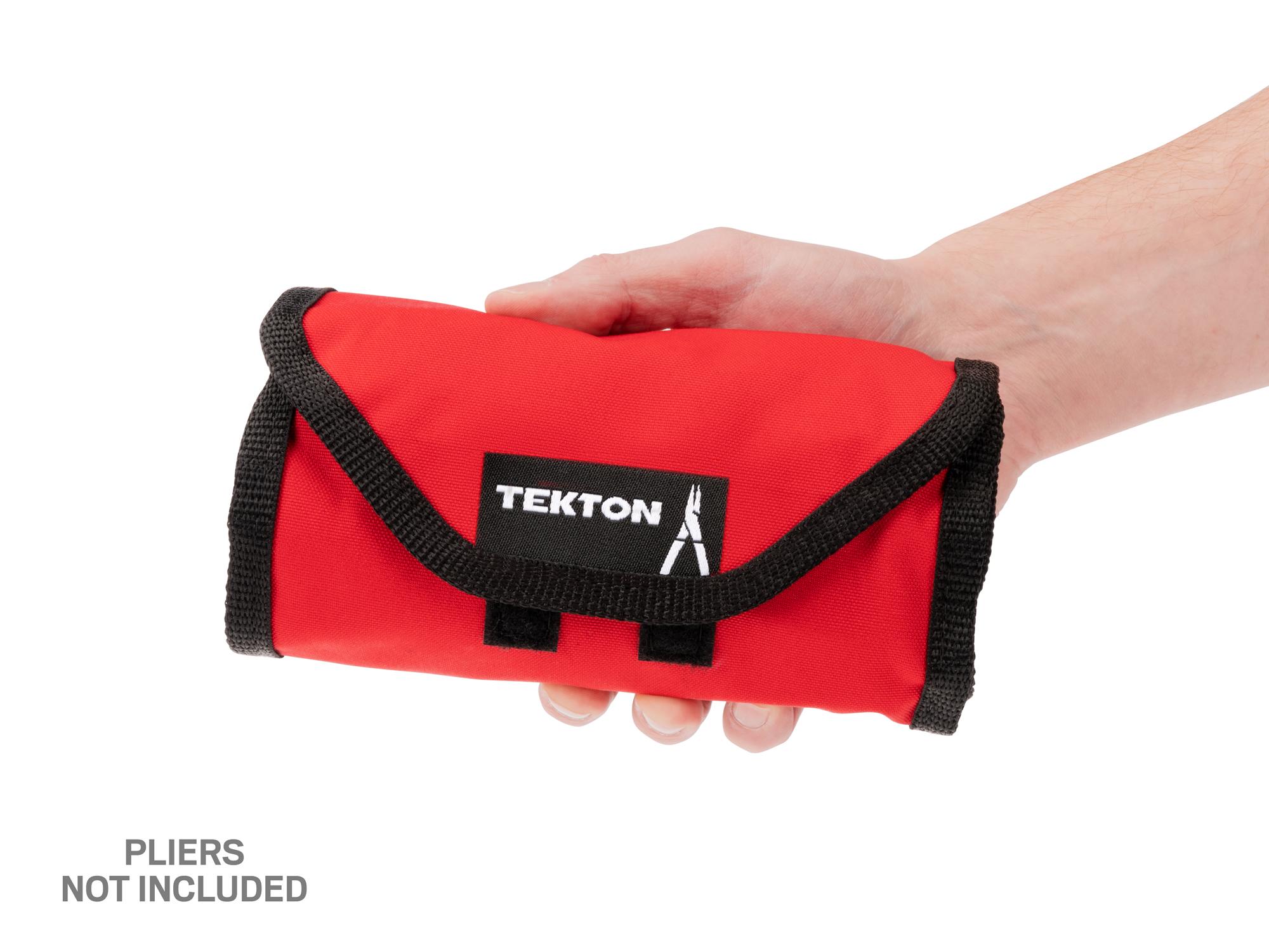 Person holding red Tekton roll pliers organization. Item #OTP50201