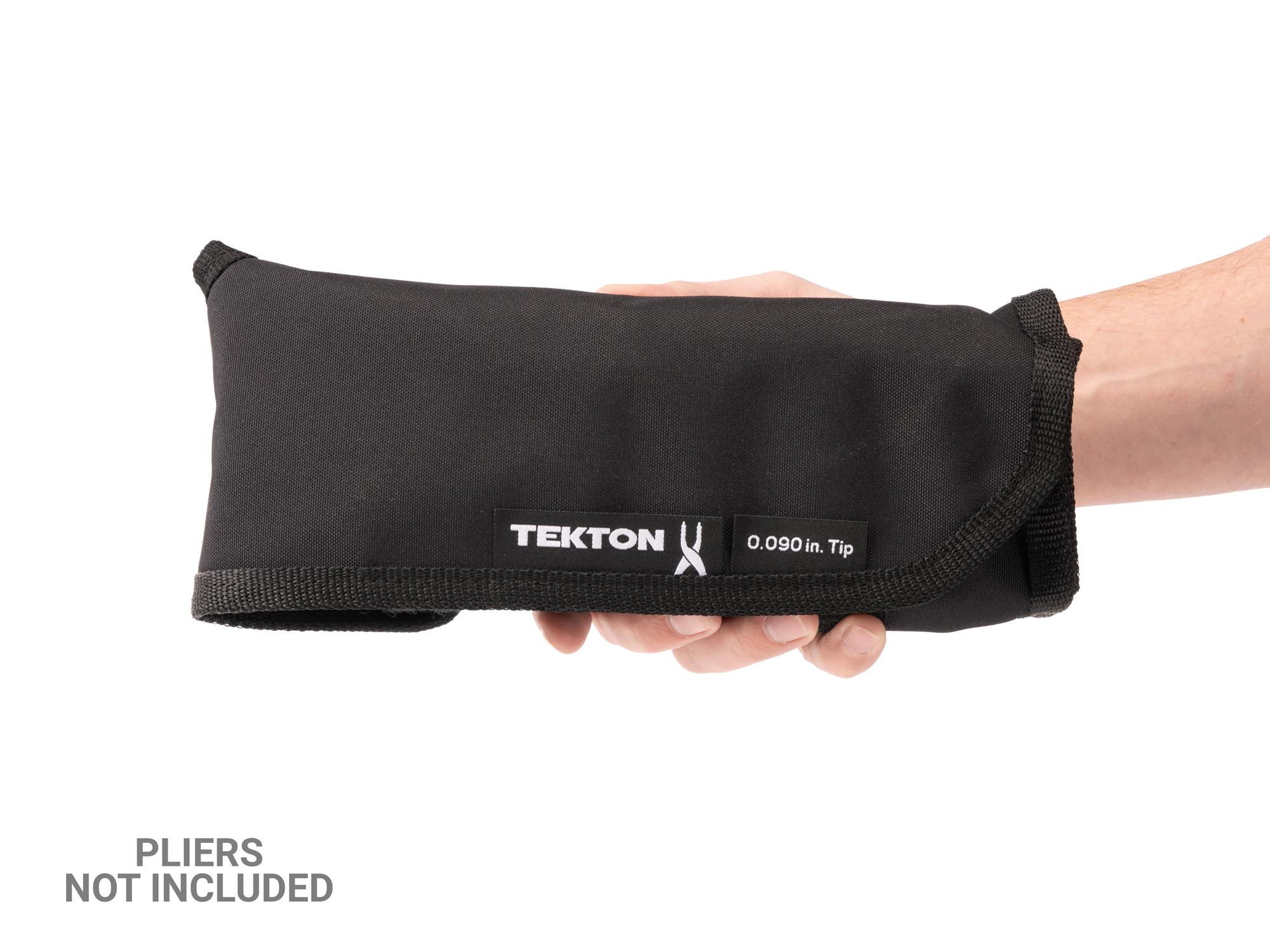 Person holding black Tekton 9 inch pliers organization. Item #OTP51104