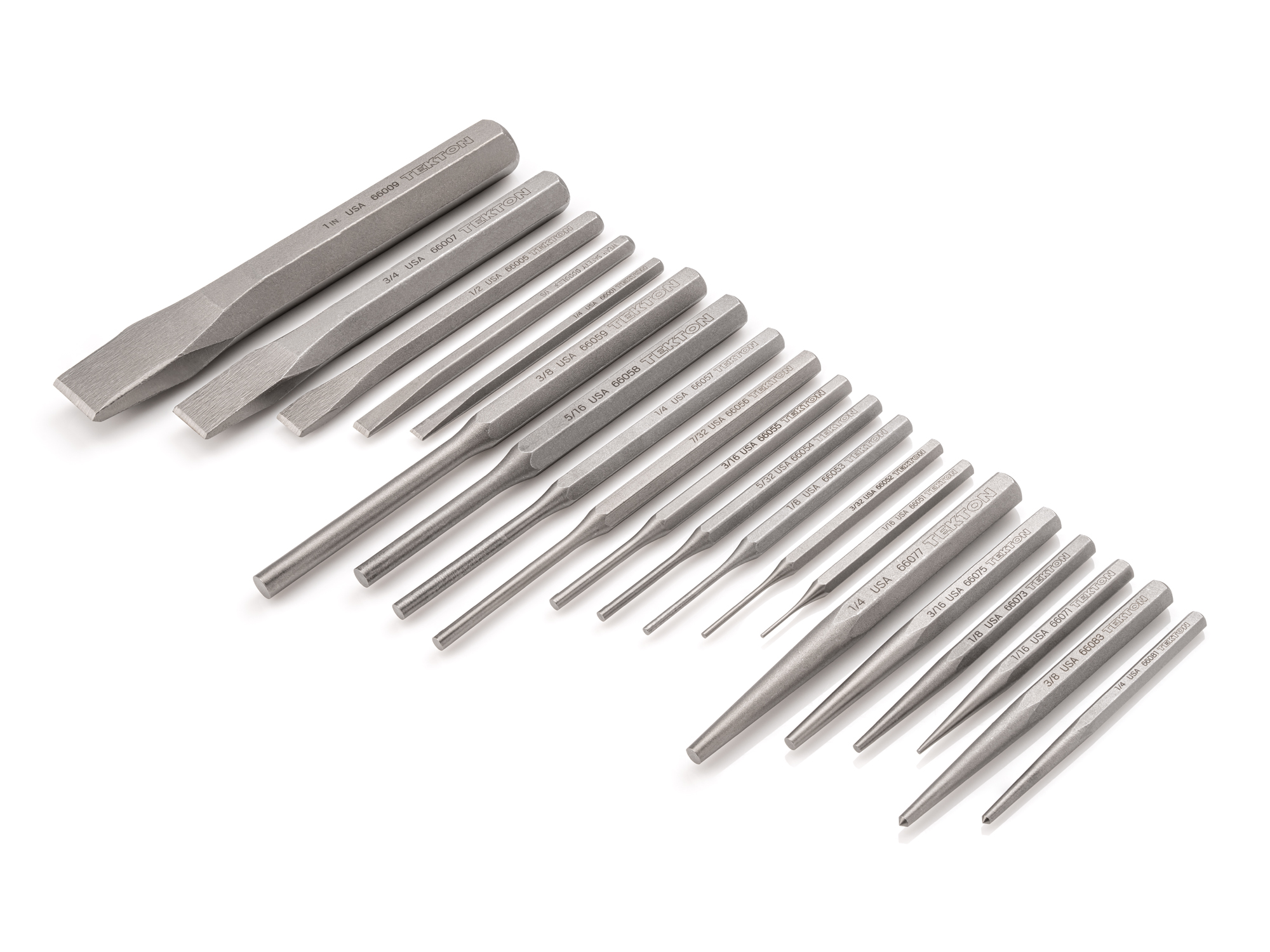 Includes: 9 pin punches, 5 cold chisels, 4 solid punches, and 2 center punches of various sizes. Made in USA. PNC99001.