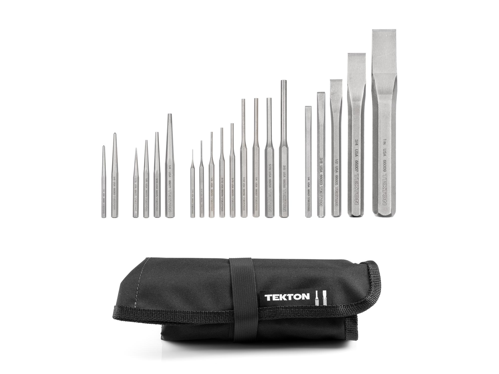 Laid out contents of Tekton roll punch and chisel set set. Item #PNC99101