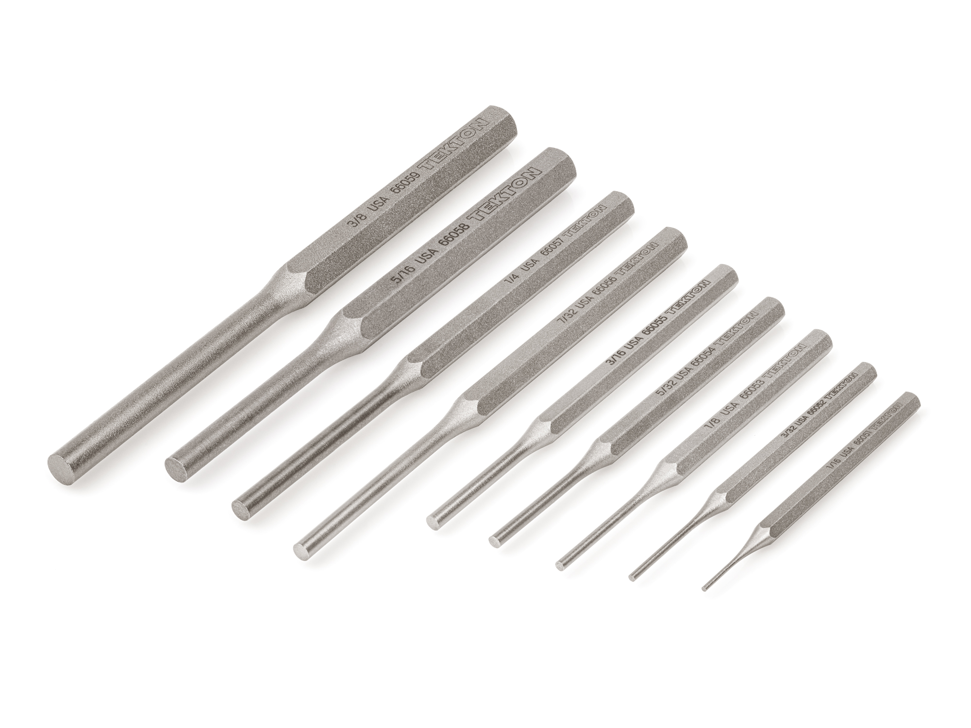 Includes: 1/16, 3/32, 1/8, 5/32, 3/16, 7/32, 1/4, 5/16, 3/8 inch pin punches. Drive out or insert solid pins without damage. Made in USA. PNC92001.