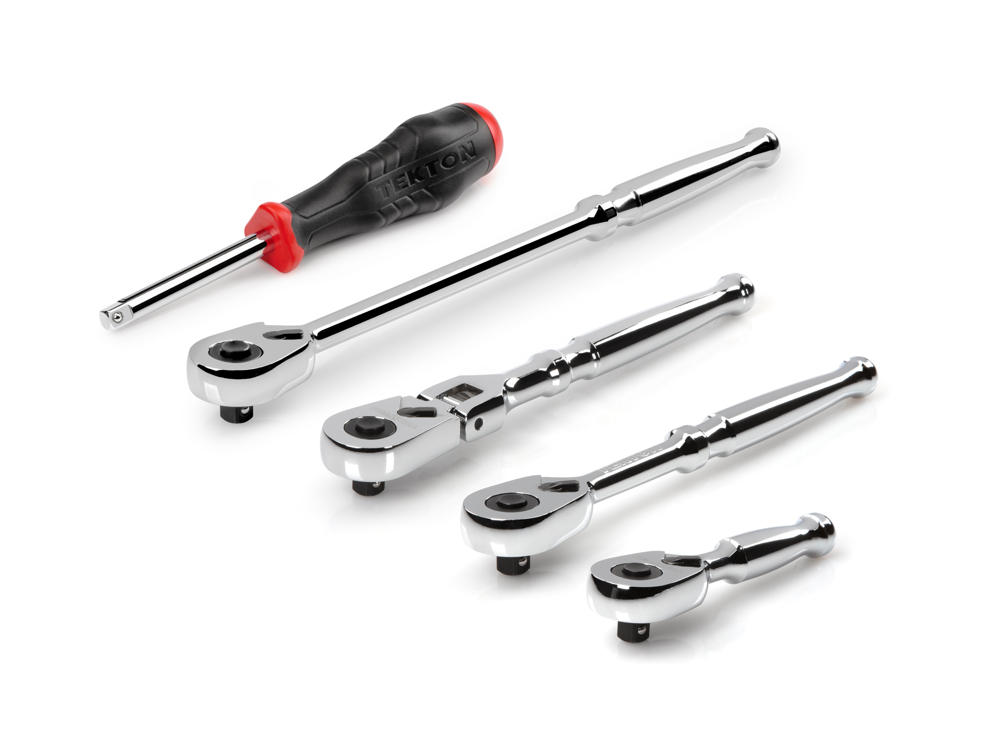 Set includes 3 inch, 6 inch, 6 inch flex head, and 9 inch quick-release ratchets, plus a high-torque spinner handle, all in 1/4 inch drive. SDR99007.