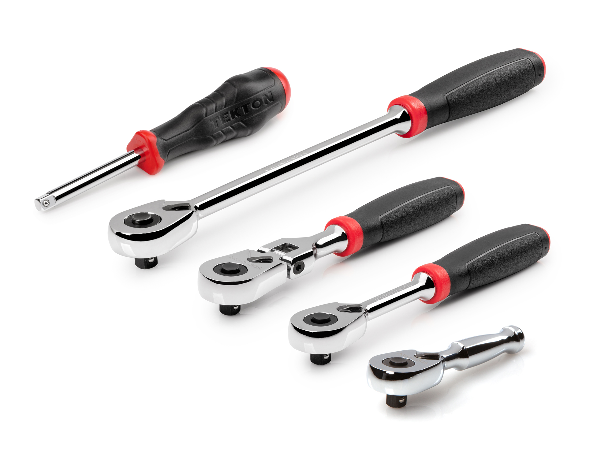 Set includes 3 inch, 6 inch, 6 inch flex head, and 9 inch quick-release comfort grip ratchets, plus a high-torque spinner handle, all in 1/4 inch drive. SDR99008.