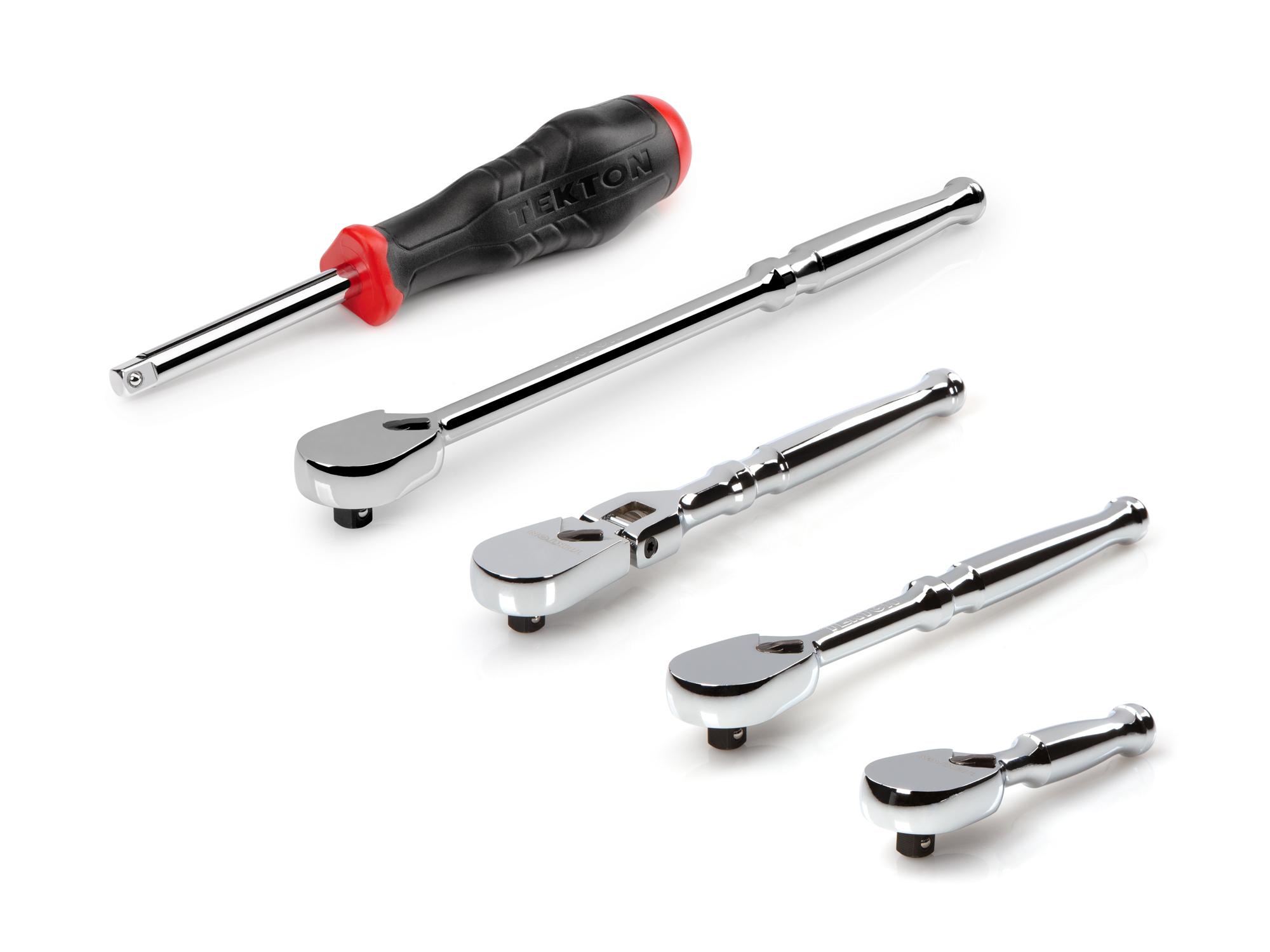 Front-right angle view of Tekton ratchet set. Item #SDR99009