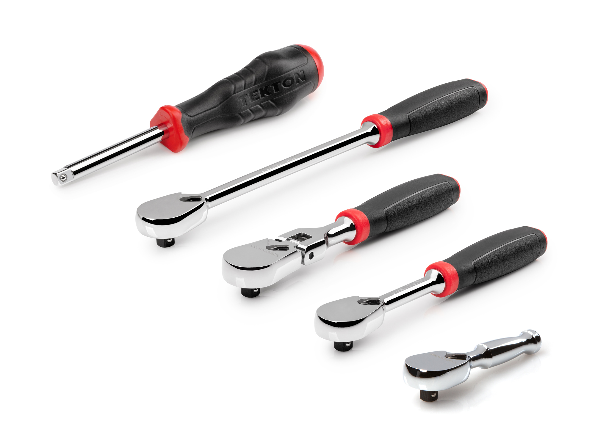 Set includes 3 inch, 6 inch, 6 inch flex head, and 9 inch comfort grip ratchets, plus a high-torque spinner handle, all in 1/4 inch drive. SDR99010.