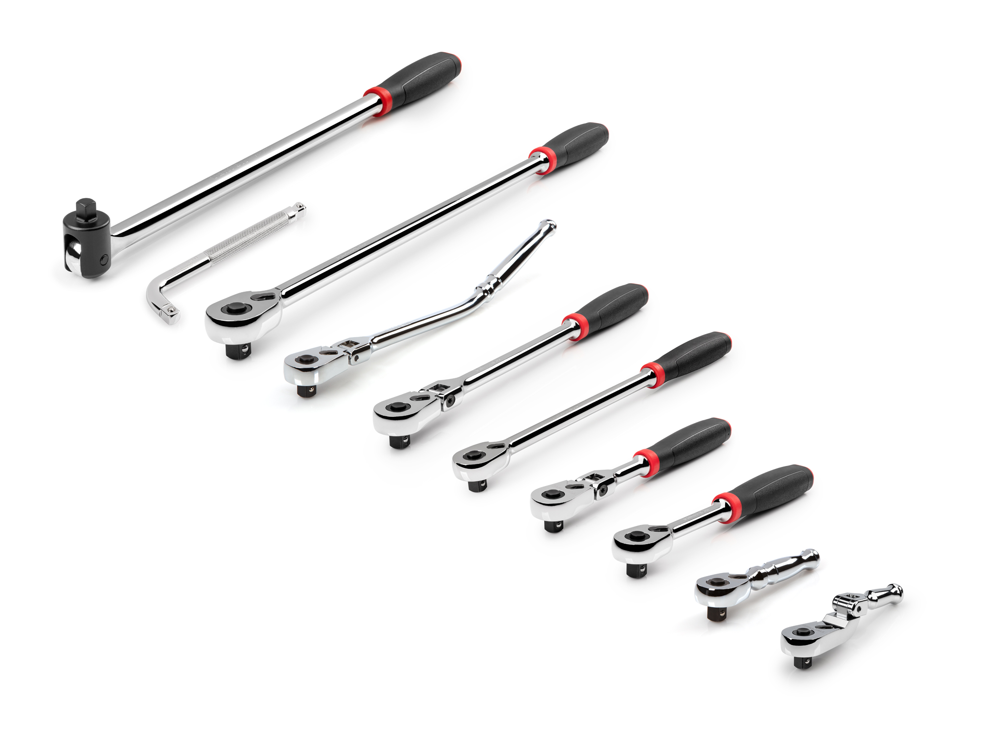 Set includes a variety of quick-release comfort grip ratchets, a 6 inch wobble L-handle, and a comfort grip breaker bar, all in 3/8 inch drive. SDR99102.