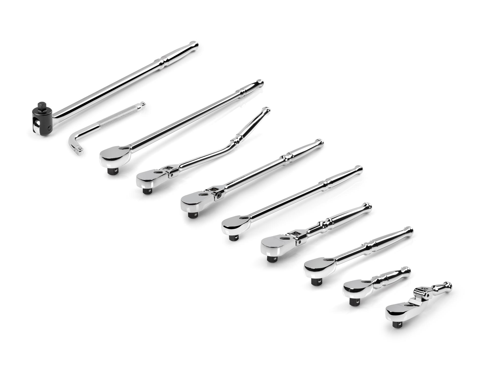 Front-right angle view of Tekton ratchet set. Item #SDR99103