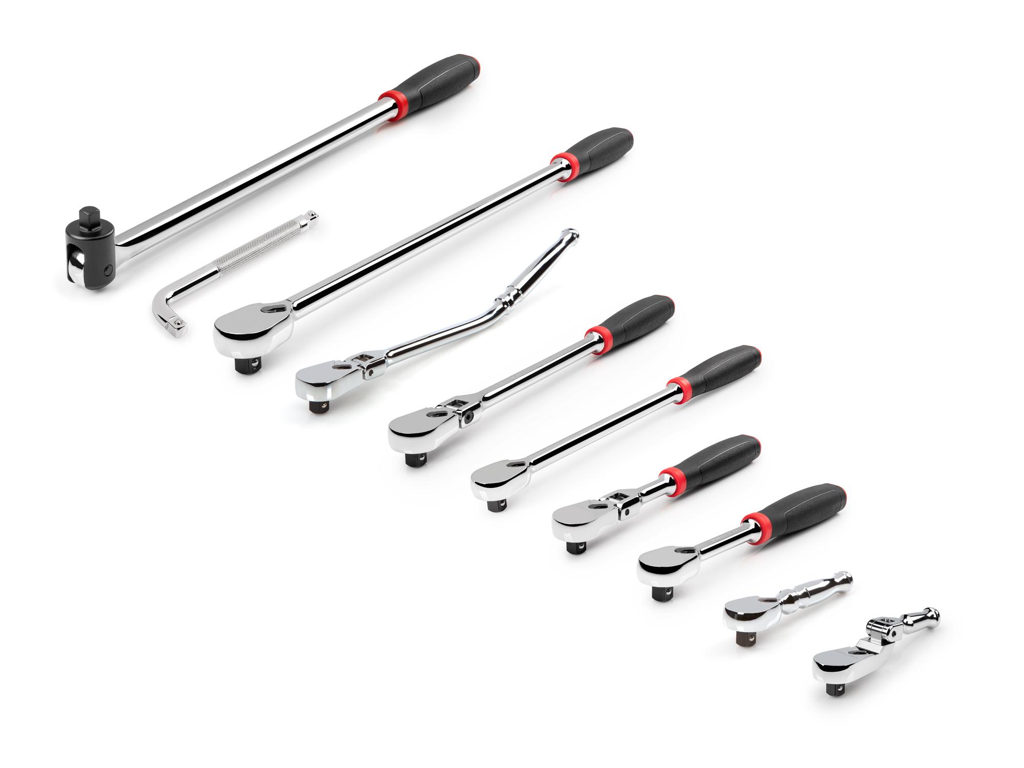 Front-right angle view of Tekton ratchet set. Item #SDR99104