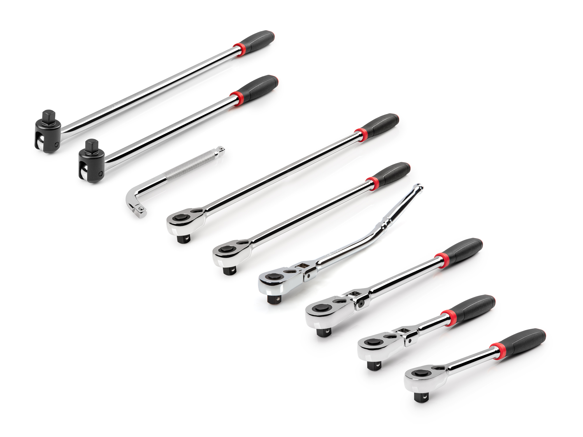 Set includes a variety of quick-release comfort grip ratchets, a 7.5 inch wobble L-handle, and comfort grip breaker bars, all in 1/2 inch drive. SDR99202.