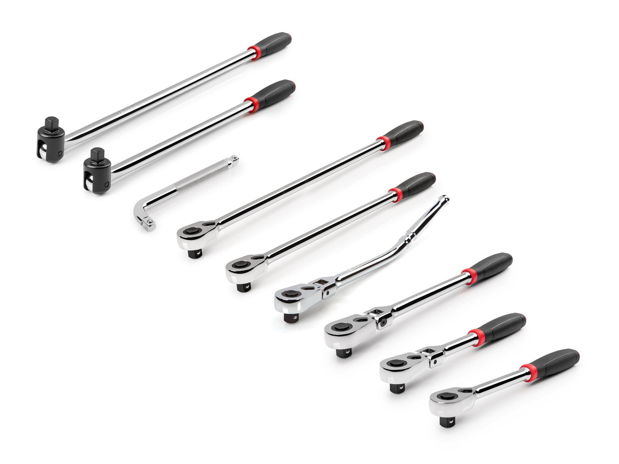 Front-right angle view of Tekton ratchet set. Item #SDR99202