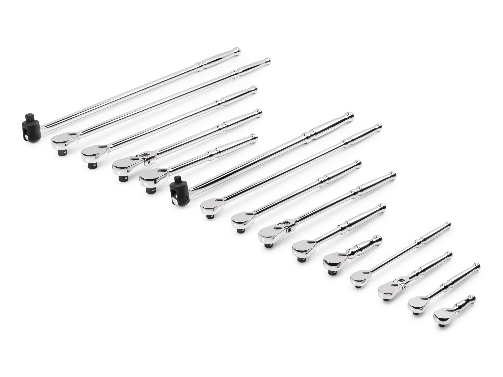 Set includes 1/4, 3/8 and 1/2 inch drive ratchets and 3/8 and 1/2 inch drive breaker bars. SDR99901.