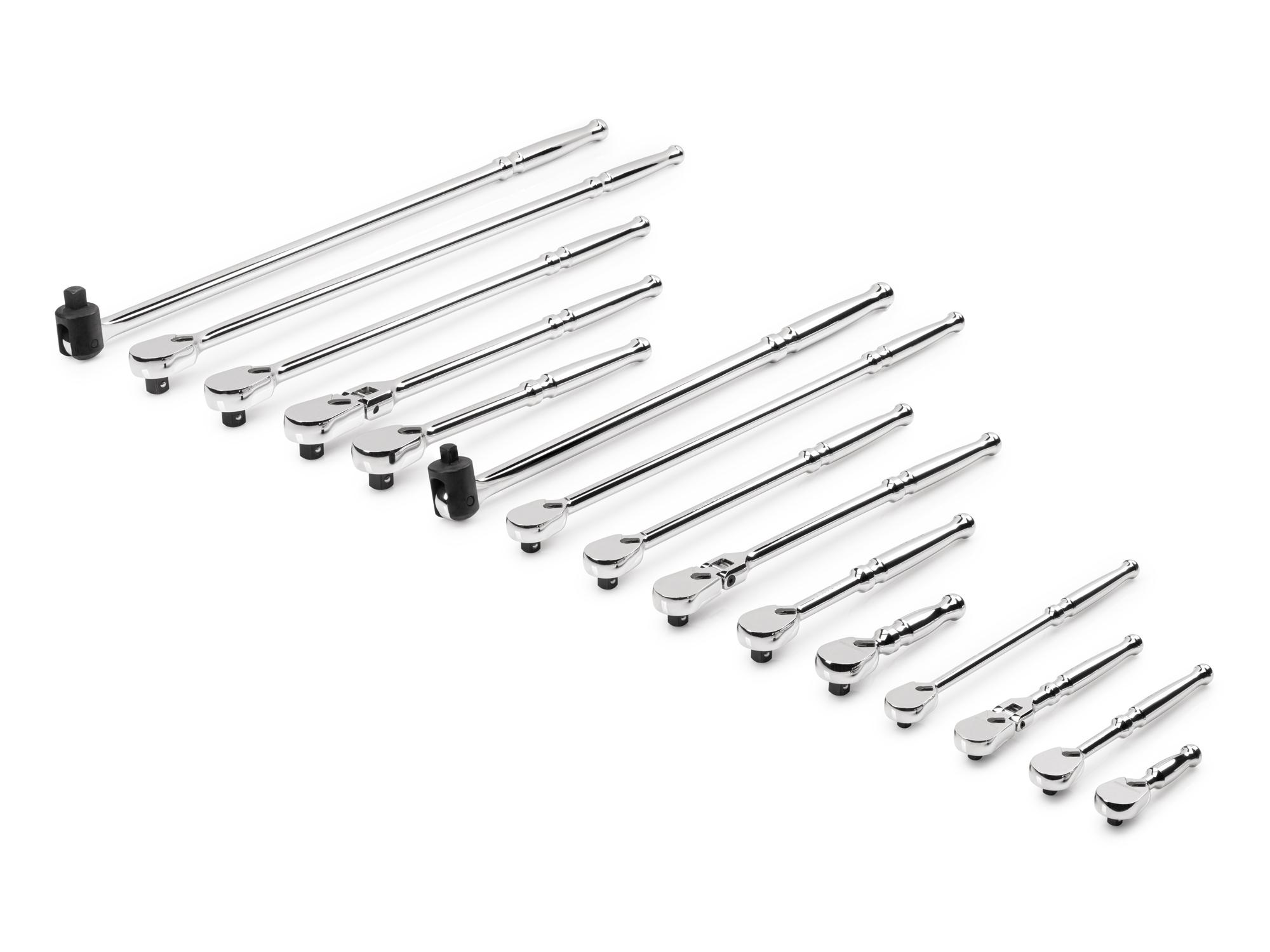Front-right angle view of Tekton ratchet set. Item #SDR99901