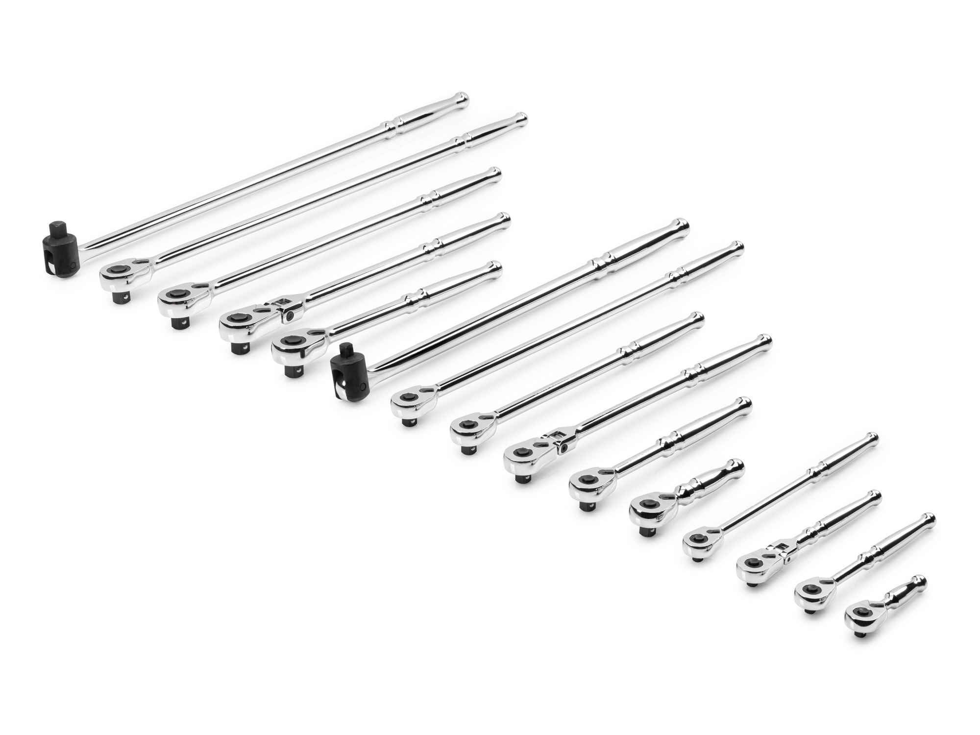 Set includes 1/4, 3/8 and 1/2 inch drive quick-release ratchets and 3/8 and 1/2 inch drive breaker bars. SDR99902.