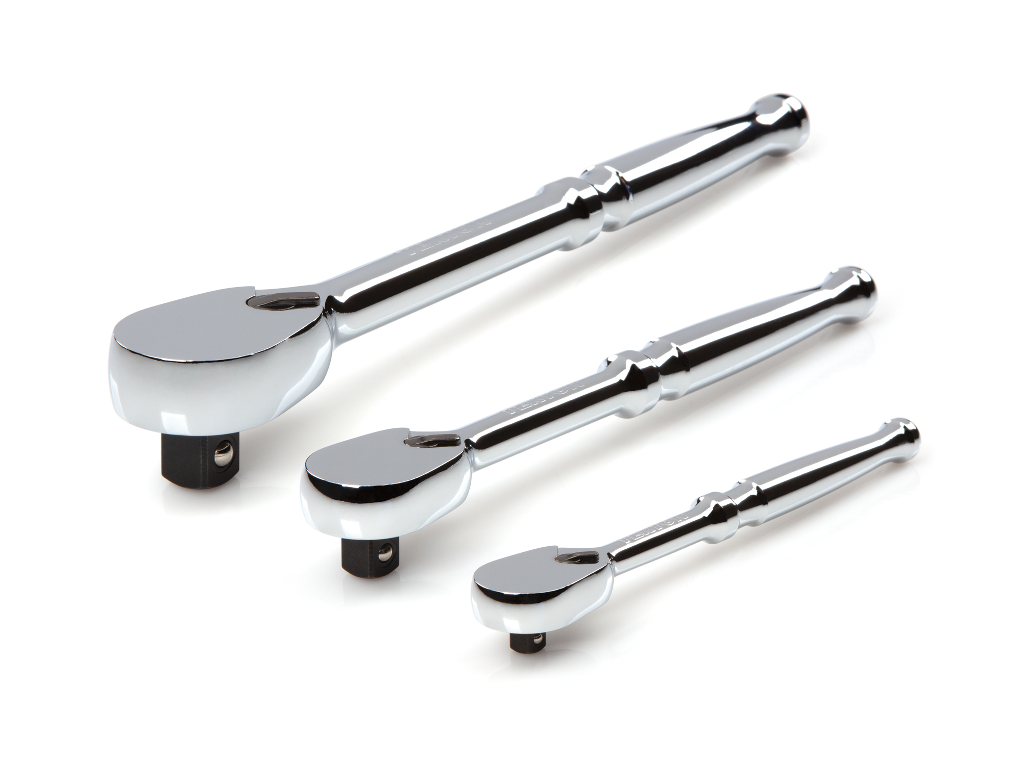 Set includes 1/4 inch drive x 6 inch, 3/8 inch drive x 8 inch, and 1/2 inch drive x 10-1/2 inch non-quick-release ratchets with sleek, comfortable handles. SRH91001.