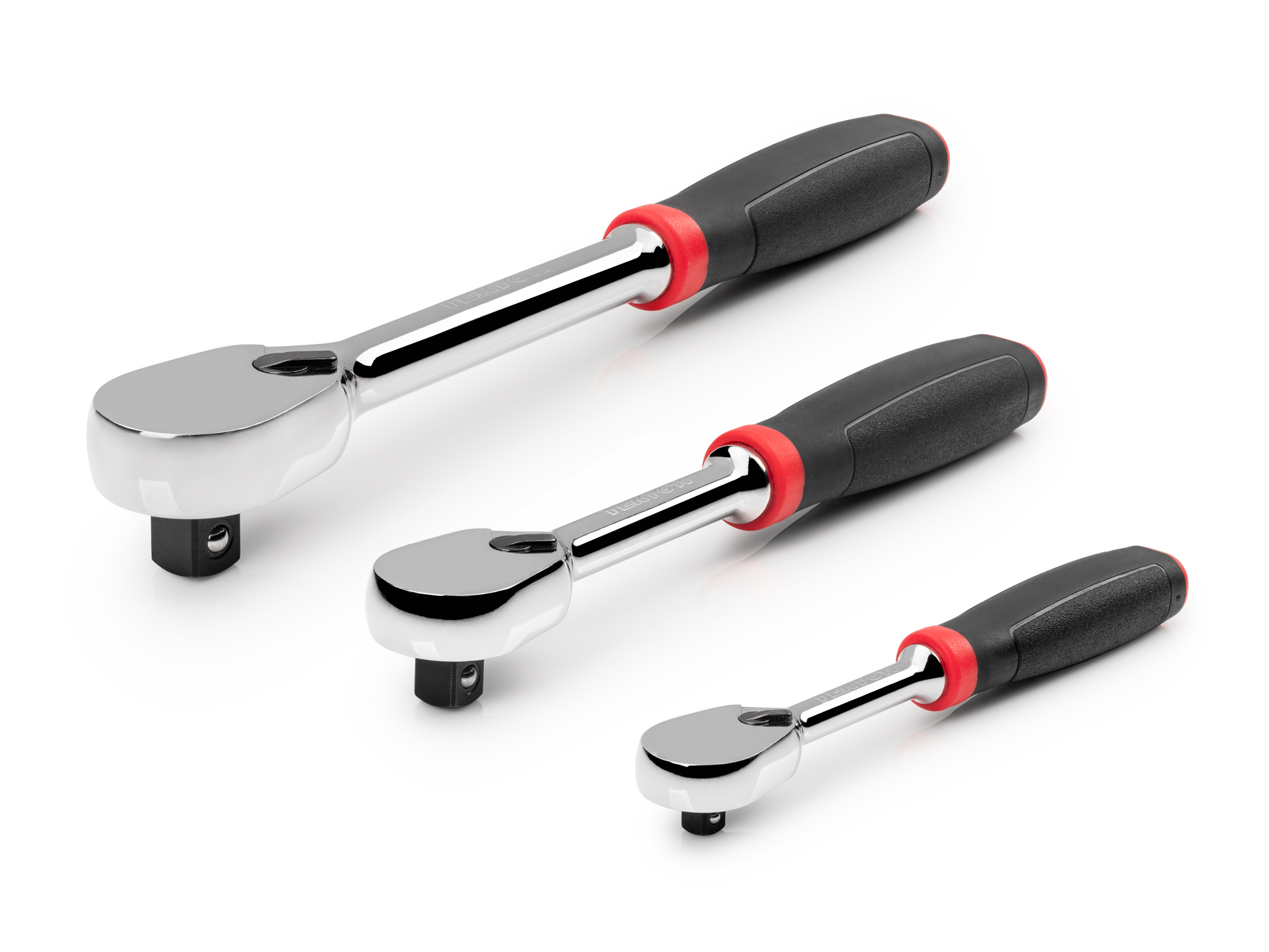 Set includes 1/4 inch drive x 6 inch, 3/8 inch drive x 8 inch, and 1/2 inch drive x 10-1/2 inch non-quick-release ratchets with comfort grip handles. SRH91002.