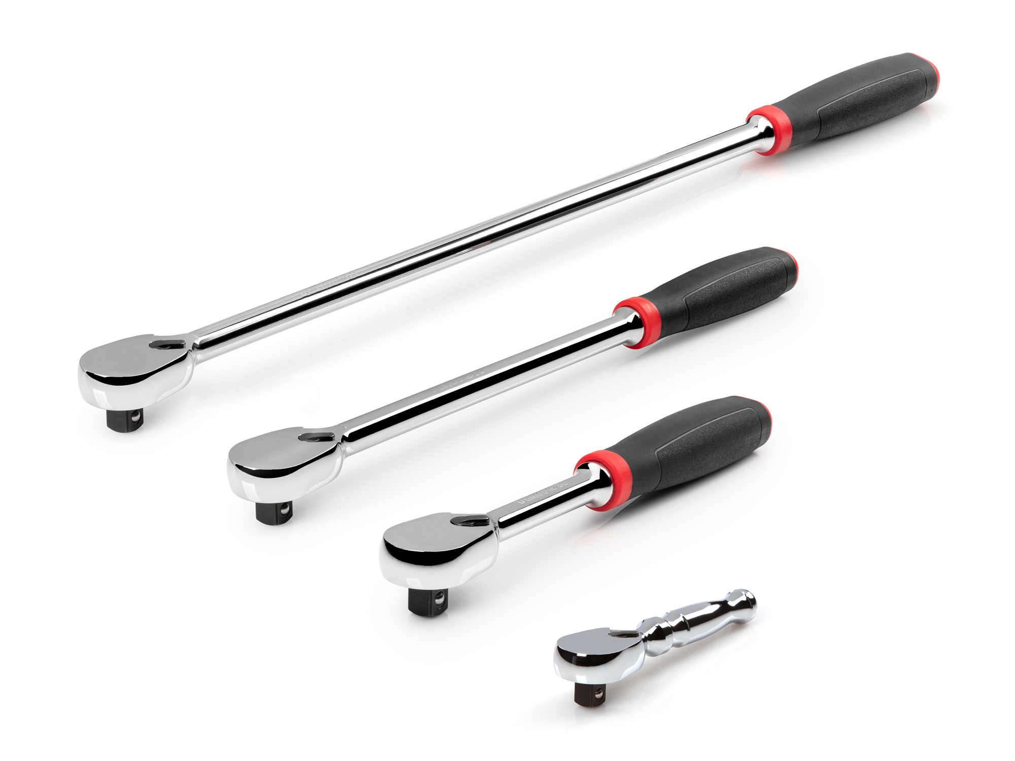 Set includes 4.5 inch, 8 inch, 12 inch, and 18 inch comfort grip ratchets in 3/8 inch drive. SRH91008.