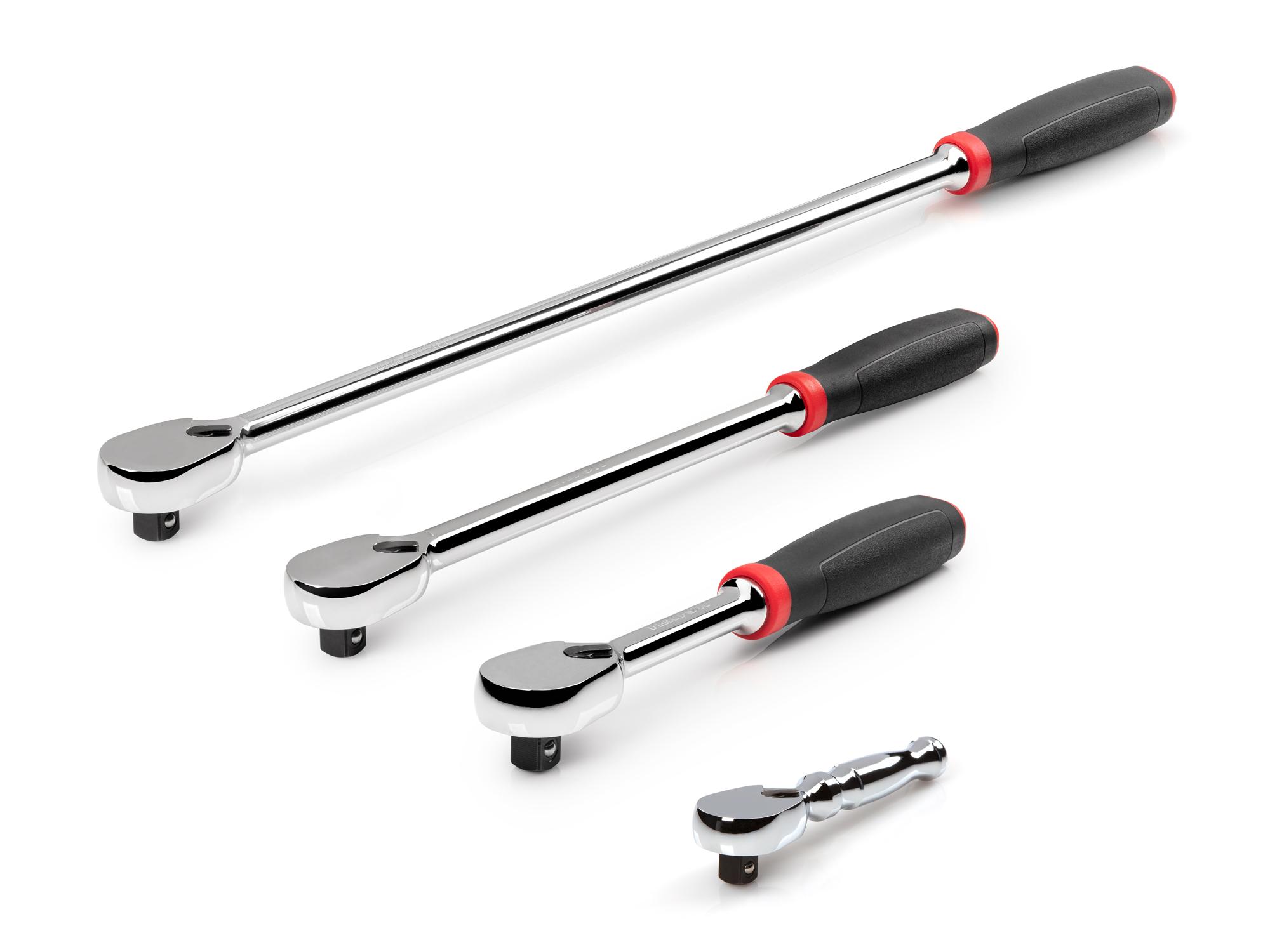 Front-right angle view of Tekton ratchet set. Item #SRH91008