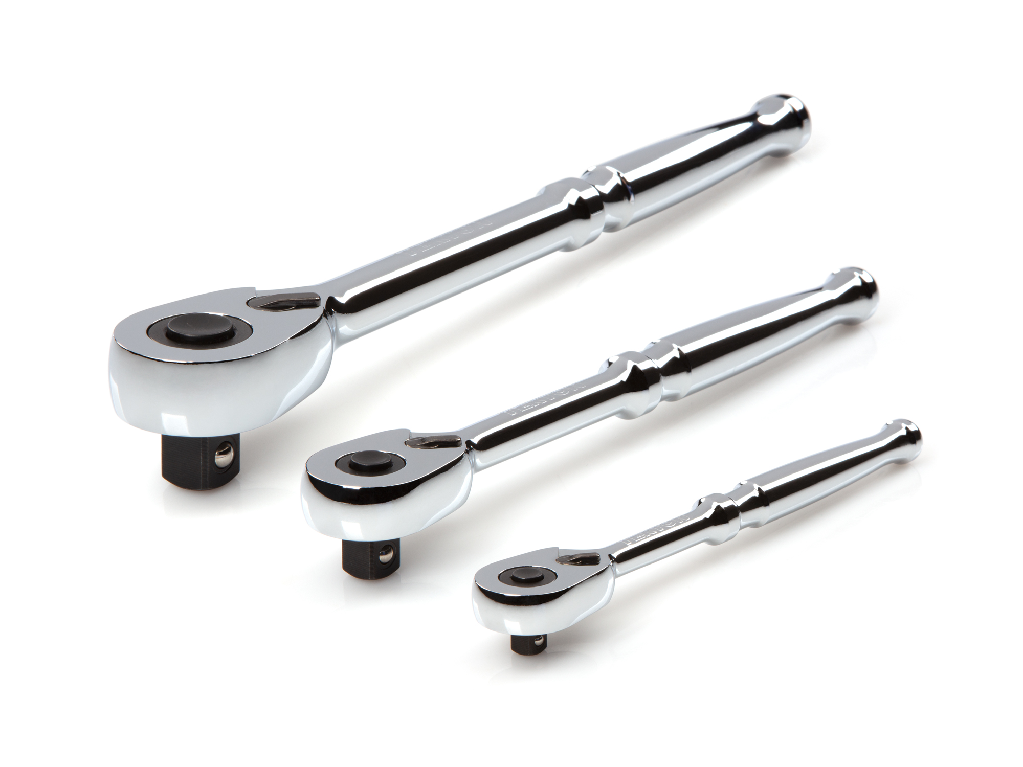 Set includes 1/4 inch drive x 6 inch, 3/8 inch drive x 8 inch, and 1/2 inch drive x 10-1/2 inch quick-release ratchets with sleek, comfortable handles. SRH91100.