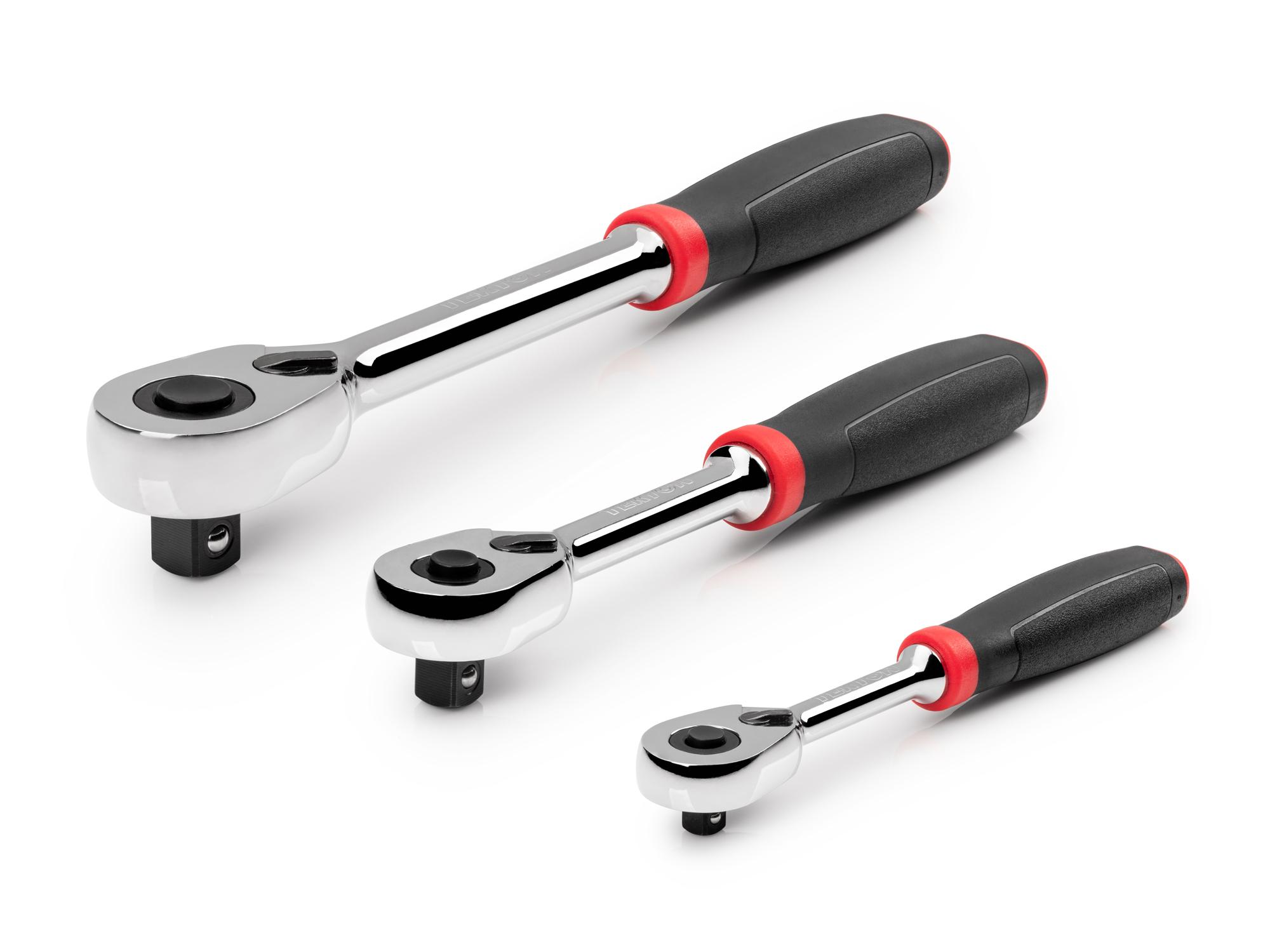 Front-right angle view of Tekton ratchet set. Item #SRH91101