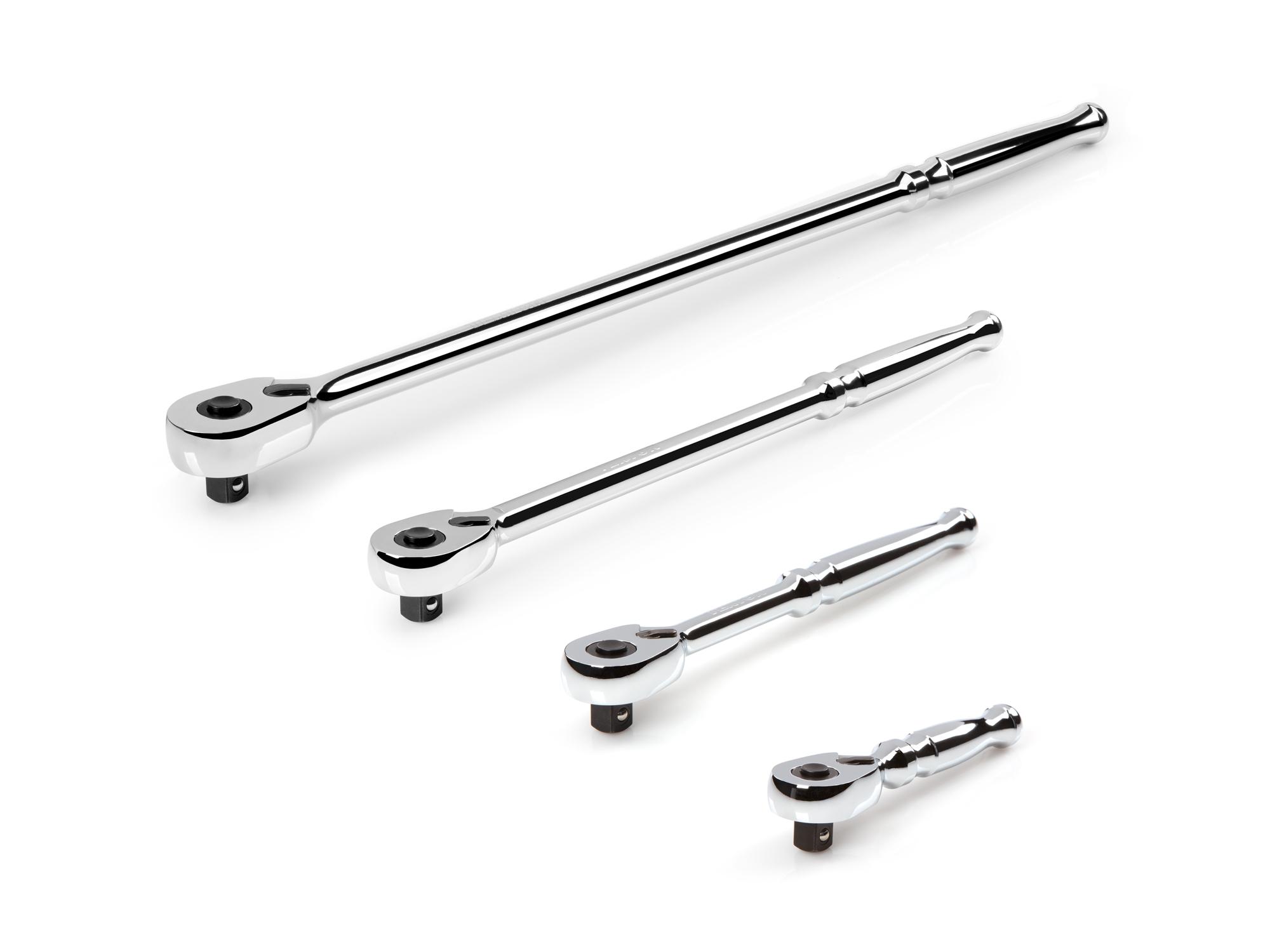 Front-right angle view of Tekton ratchet set. Item #SRH91106