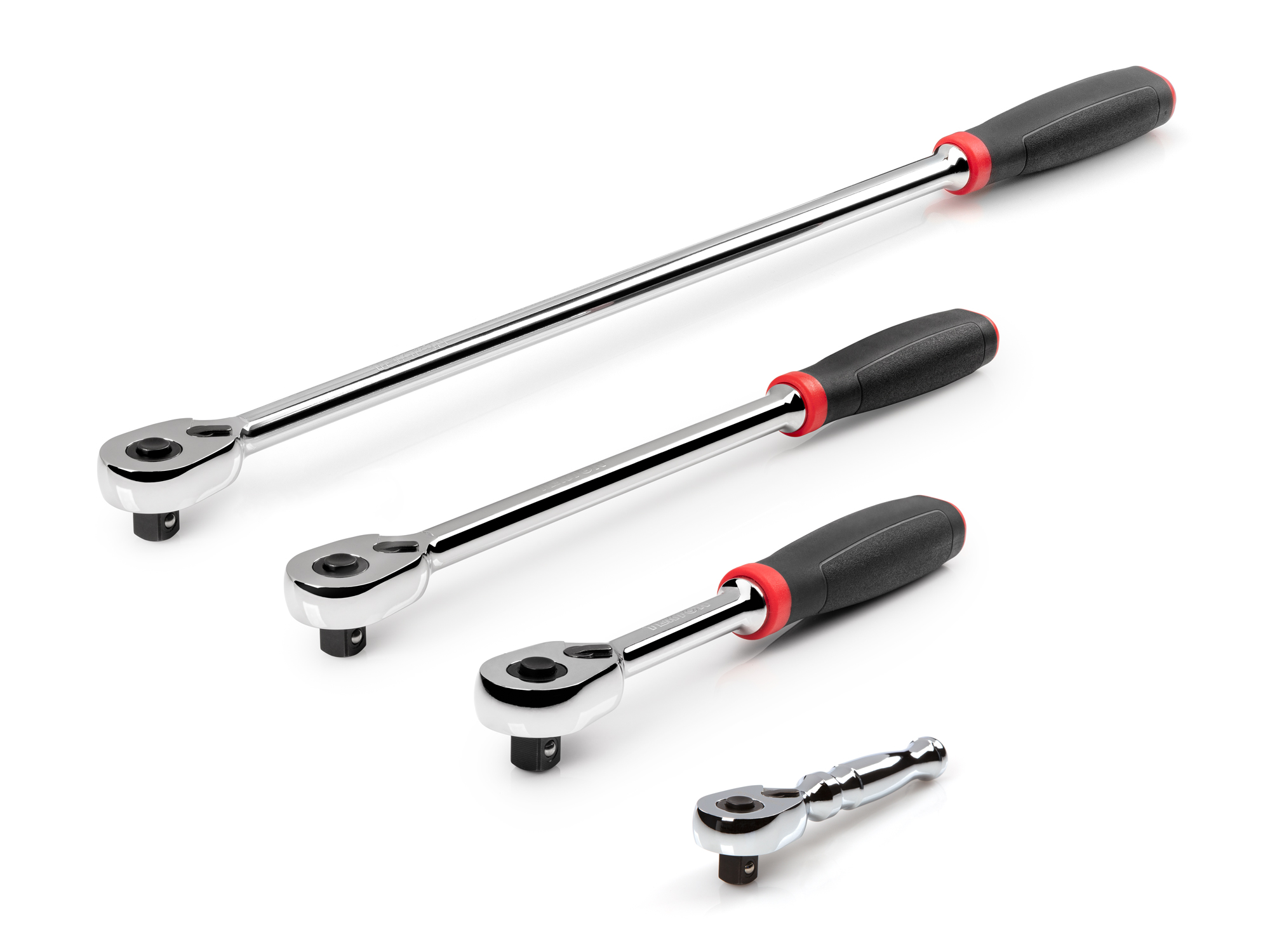 Set includes 4.5 inch, 8 inch, 12 inch, and 18 inch quick-release comfort grip ratchets in 3/8 inch drive. SRH91107.