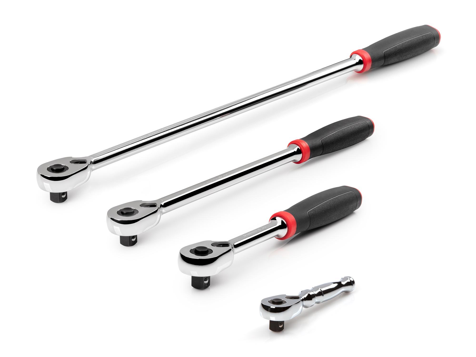 Front-right angle view of Tekton ratchet set. Item #SRH91107