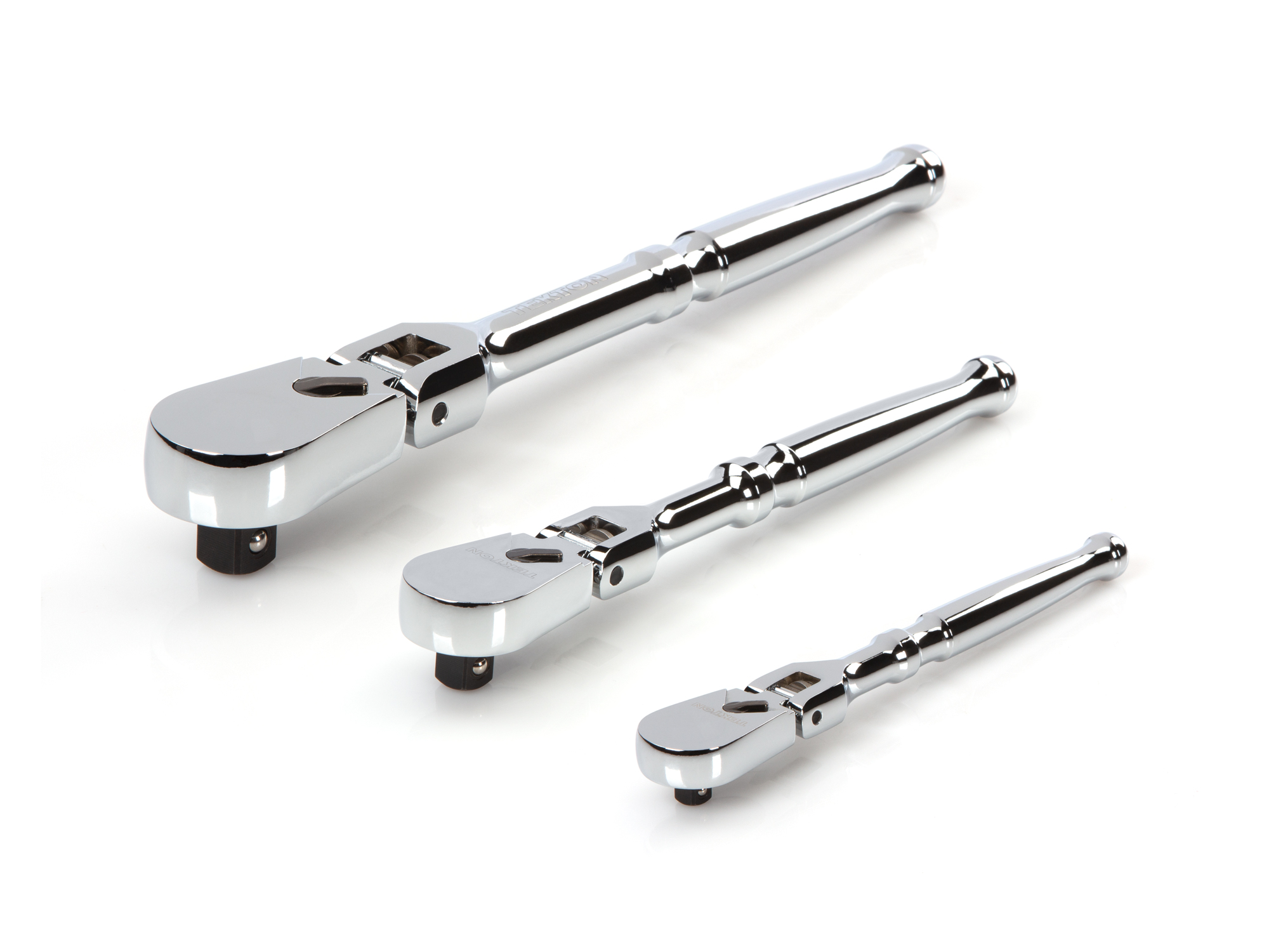 Set includes 1/4 x 6 inch, 3/8 x 8 inch, and 1/2 inch x 10-1/2 inch flex head non-quick-release ratchets with sleek, comfortable handles. SRH92004.