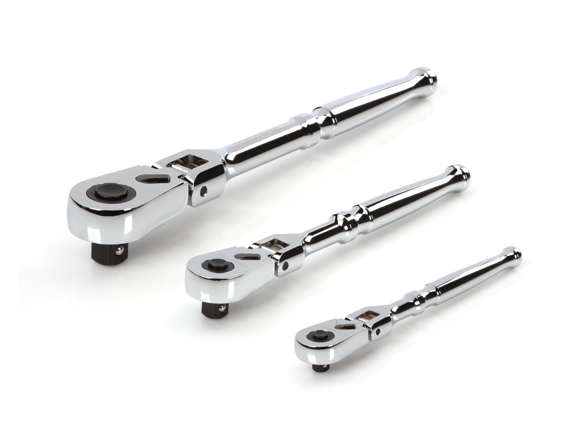 Set includes 1/4 x 6 inch, 3/8 x 8 inch, and 1/2 inch x 10-1/2 inch flex head quick-release ratchets with sleek, comfortable handles. SRH92103.