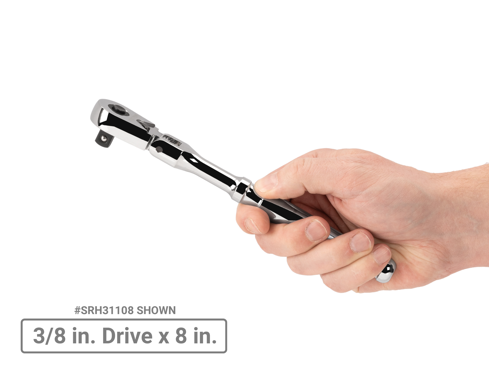 Quick-release flex head ratchet with 180-degree flex, 90-tooth gear, and 4-degree swing. Ultra-compact head and sleek, comfortable handle. SRH31108.