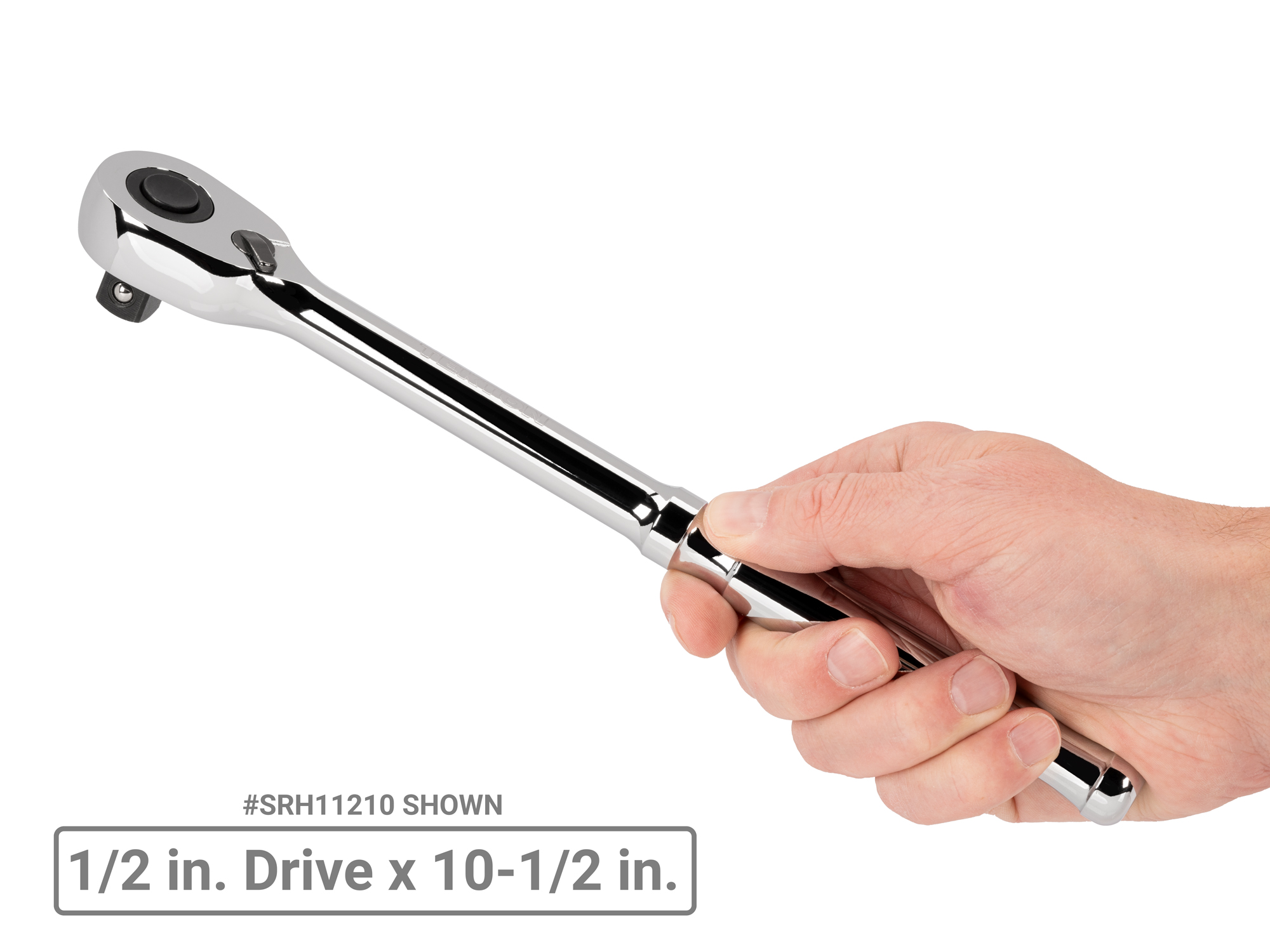 Quick-release ratchet with 90-tooth gear and 4-degree swing. Ultra-compact head and sleek, comfortable handle. SRH11210.