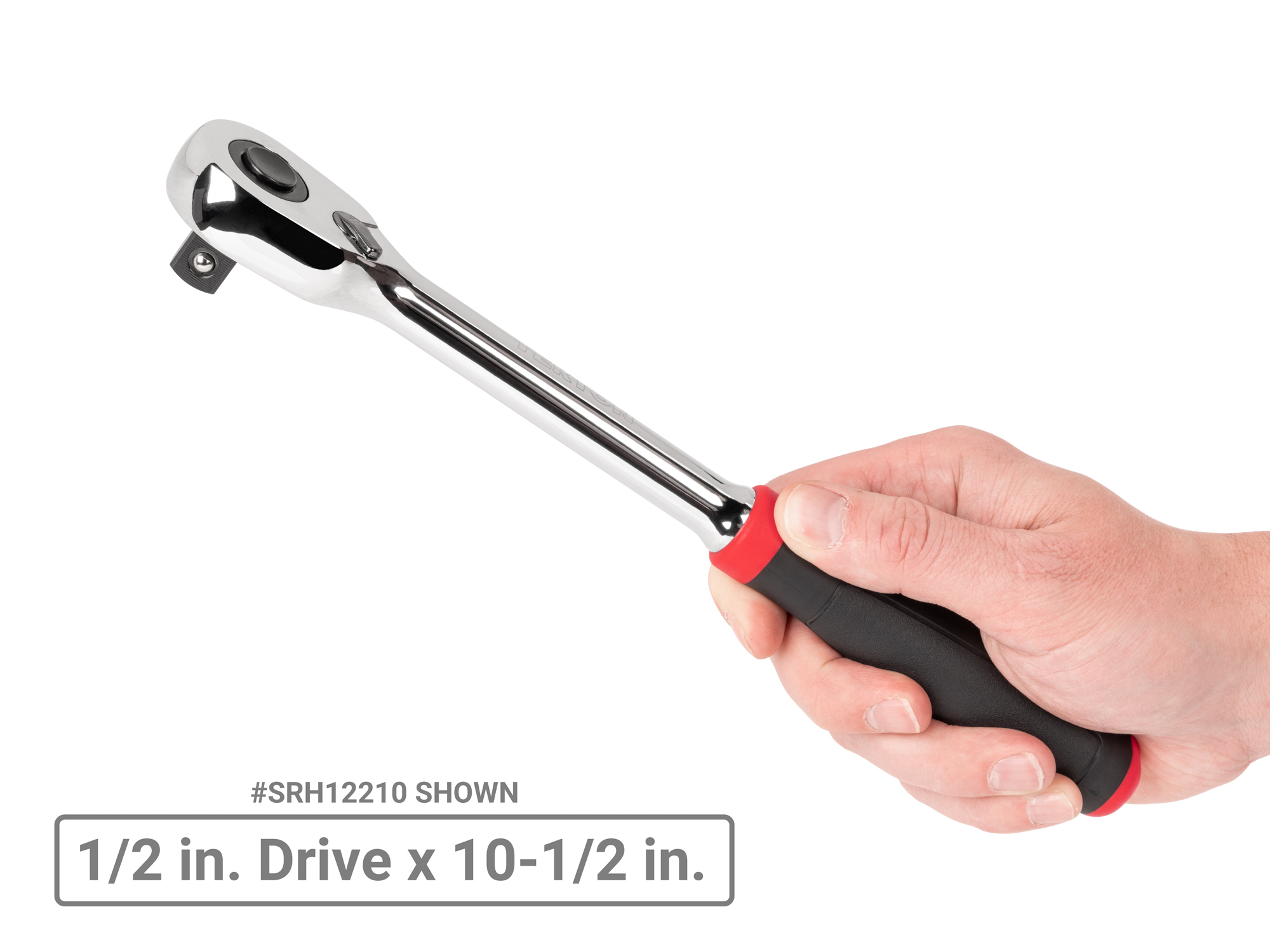 Quick-release ratchet with 90-tooth gear and 4-degree swing. Ultra-compact head and comfort grip handle. SRH12210.