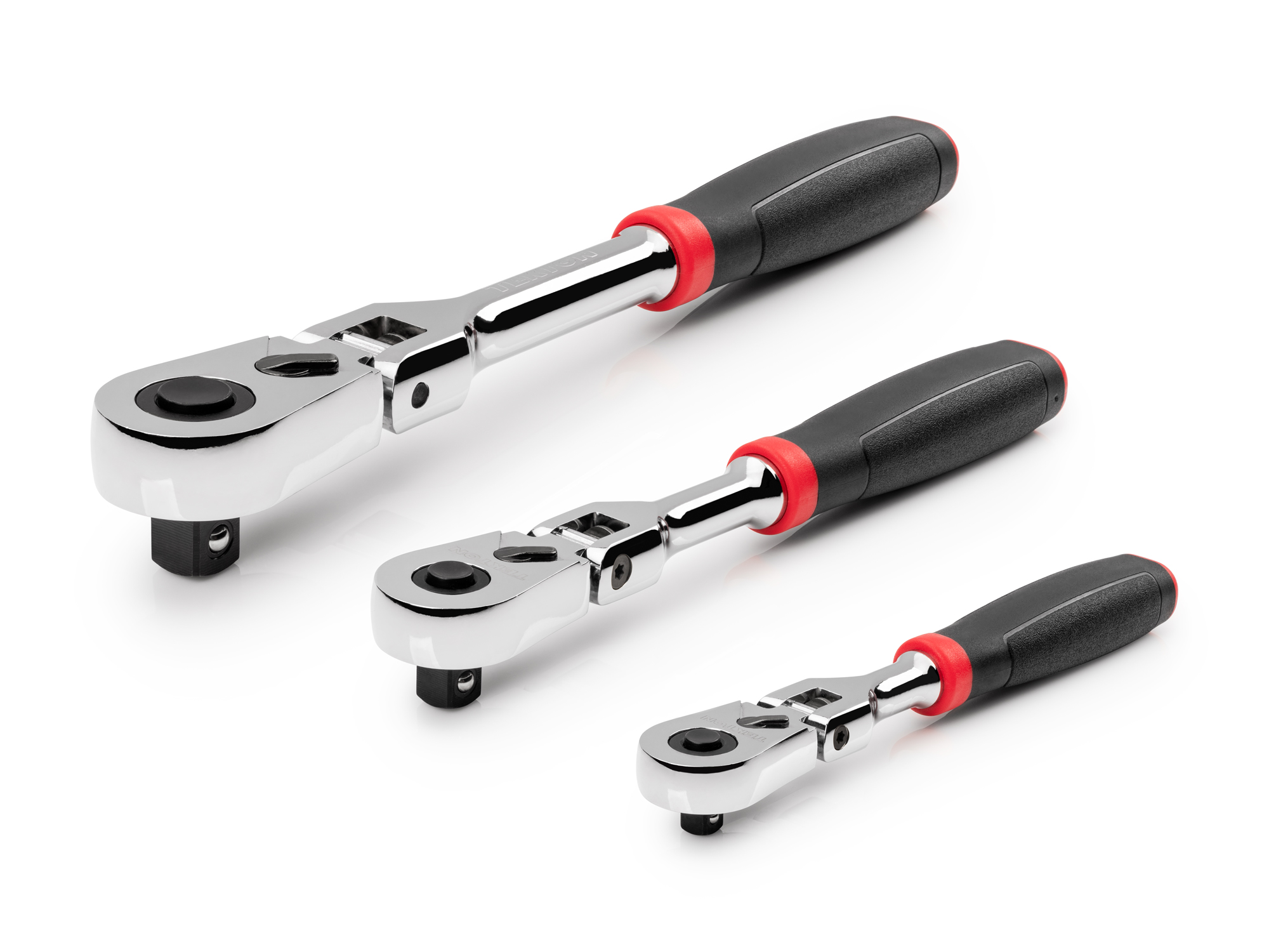 Set includes 1/4 inch drive x 6 inch, 3/8 inch drive x 8 inch, and 1/2 inch drive x 10-1/2 inch drive flex head quick-release ratchets with comfort grip handles. SRH99120.