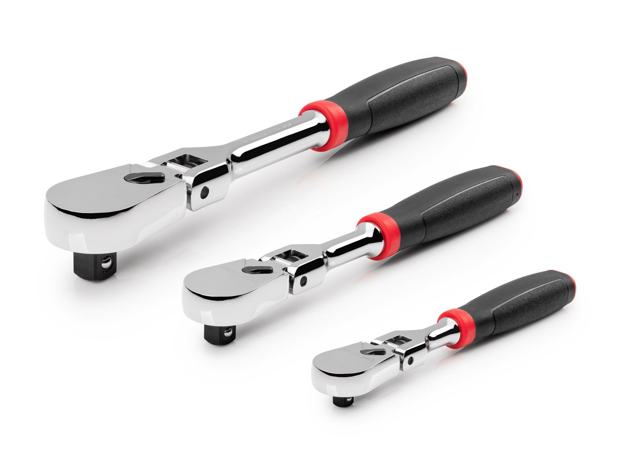 Front-right angle view of Tekton ratchet set. Item #SRH99121
