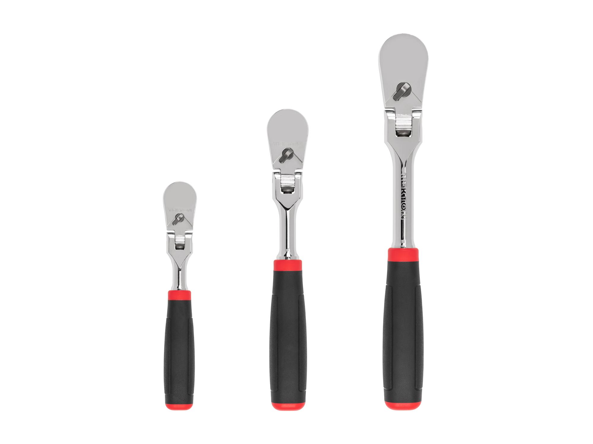 1/4, 3/8, 1/2 Inch Drive Flex Head Non-Quick-Release Comfort Grip Ratchet Set (3-Piece)