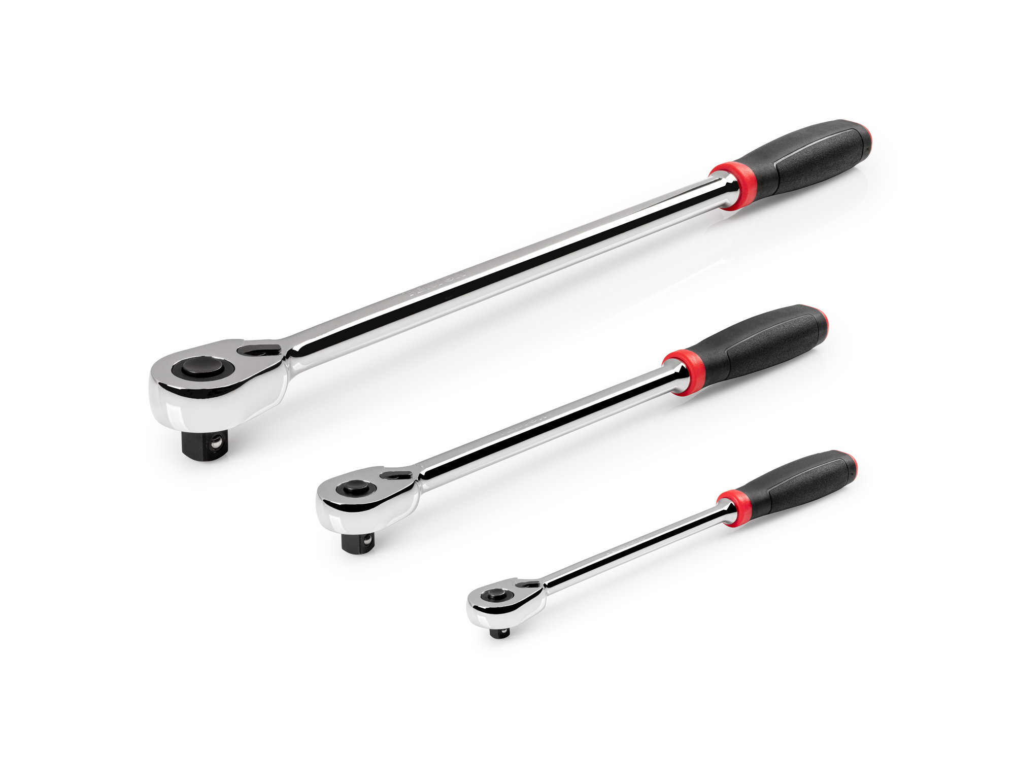 Set includes 1/4 inch drive x 9 inch, 3/8 inch drive x 12 inch, and 1/2 inch drive x 18 inch quick-release comfort grip ratchets. SRH99124.