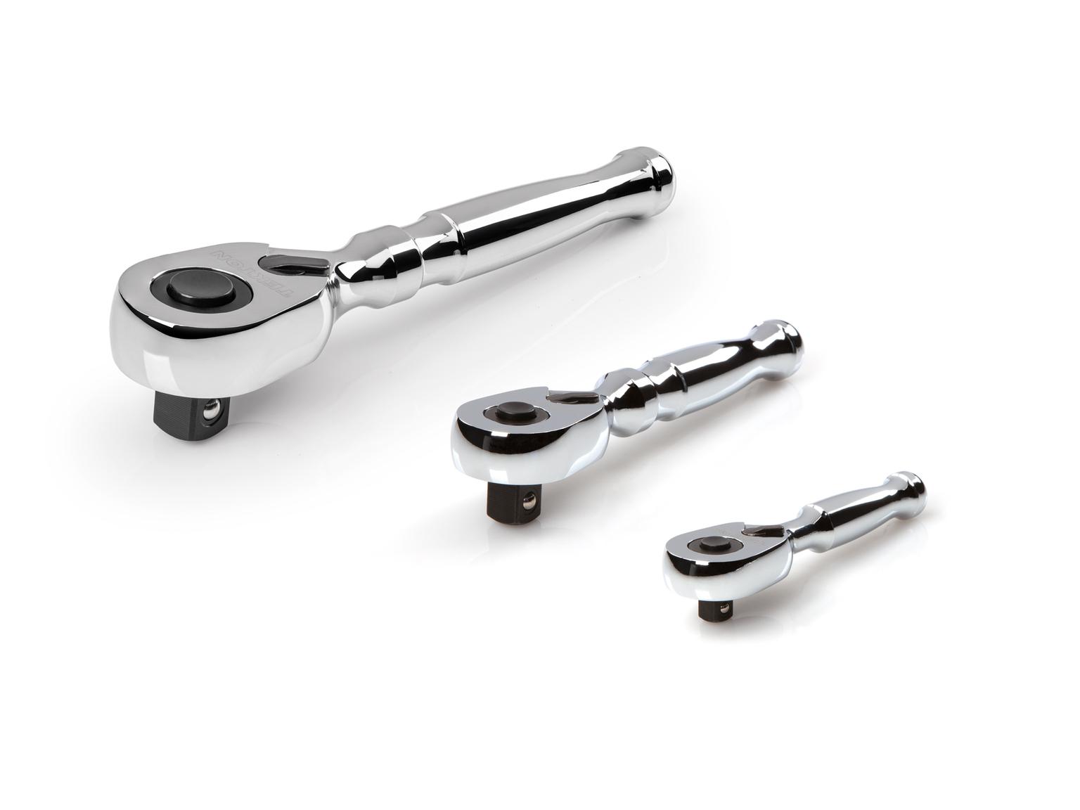 TEKTON 1/4, 3/8, 1/2 Inch Drive Quick-Release Stubby Ratchet Set, 3-Piece (3, 4-1/2, 6 in.)