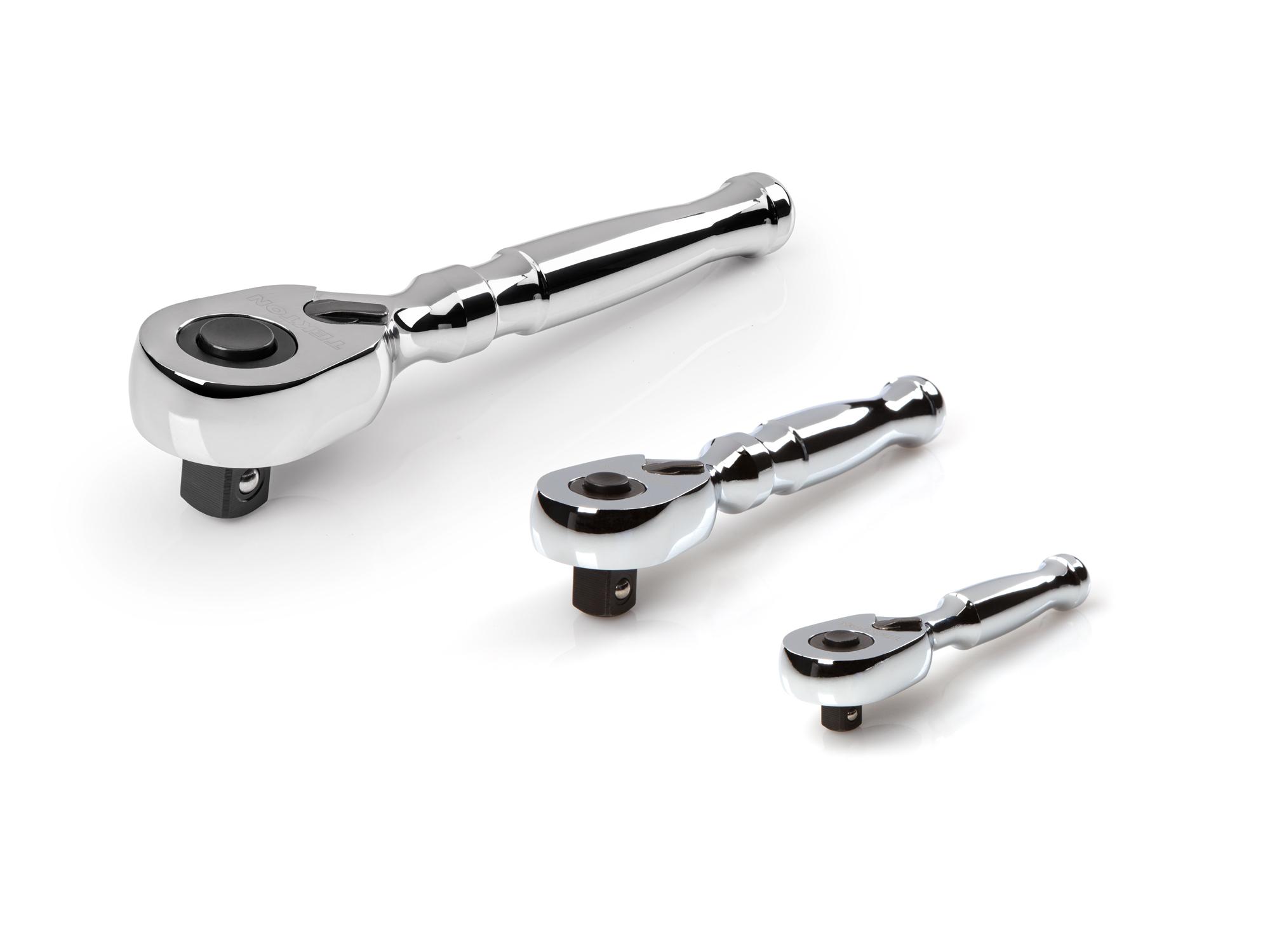 TEKTON 1/4, 3/8, 1/2 Inch Drive Quick-Release Stubby Ratchet Set, 3-Piece (3, 4-1/2, 6 in.)