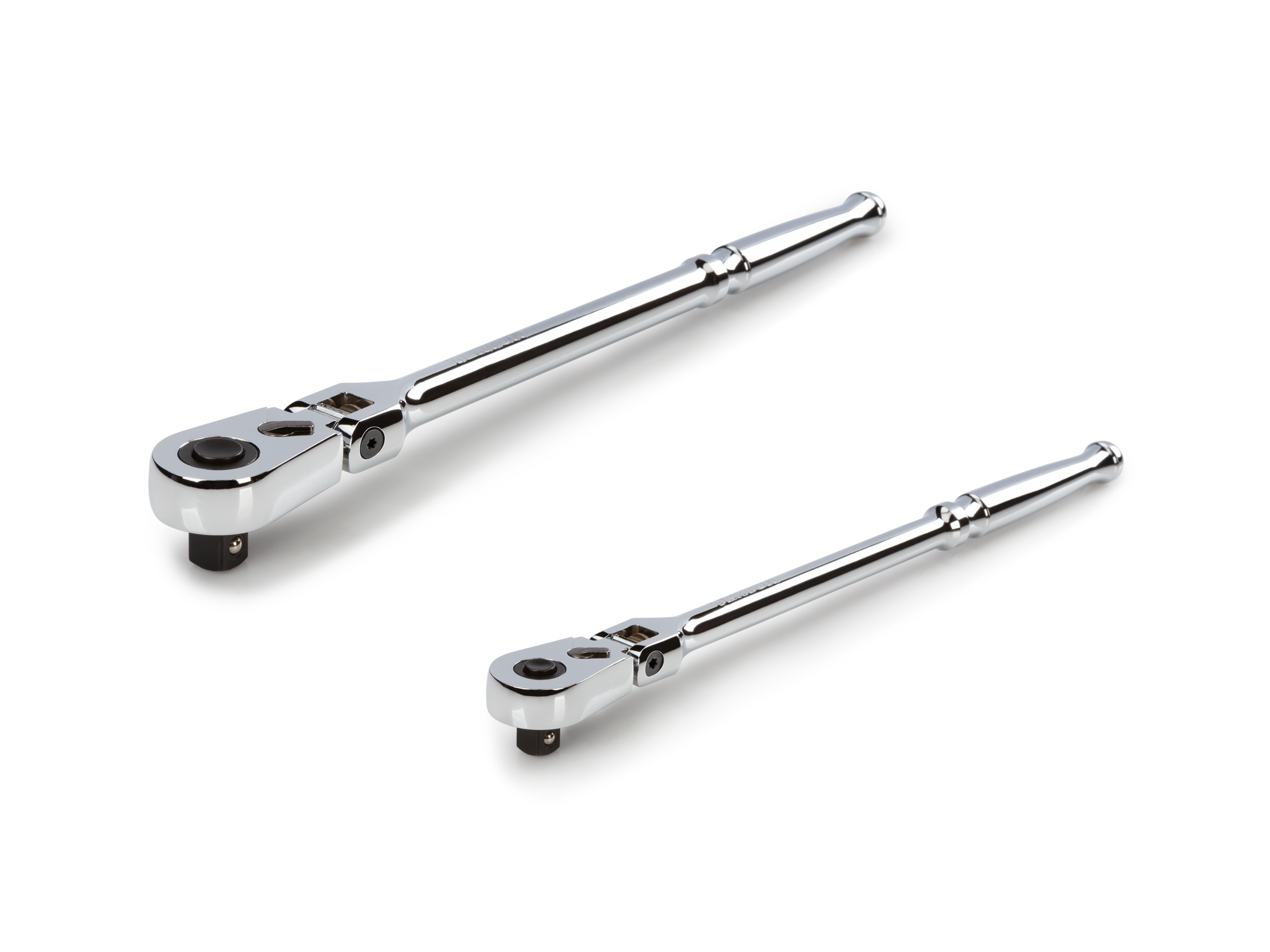 Set includes 3/8 inch drive x 12 inch and 1/2 inch drive x 14 inch flex head quick-release ratchets. SRH99301.