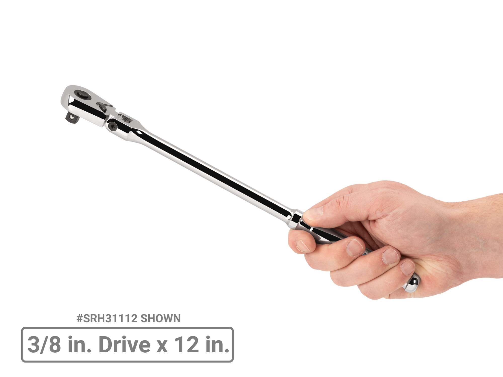 Quick-release flex head ratchet with 180-degree flex, 90-tooth gear, and 4-degree swing. Ultra-compact head and sleek, comfortable handle. SRH31112.