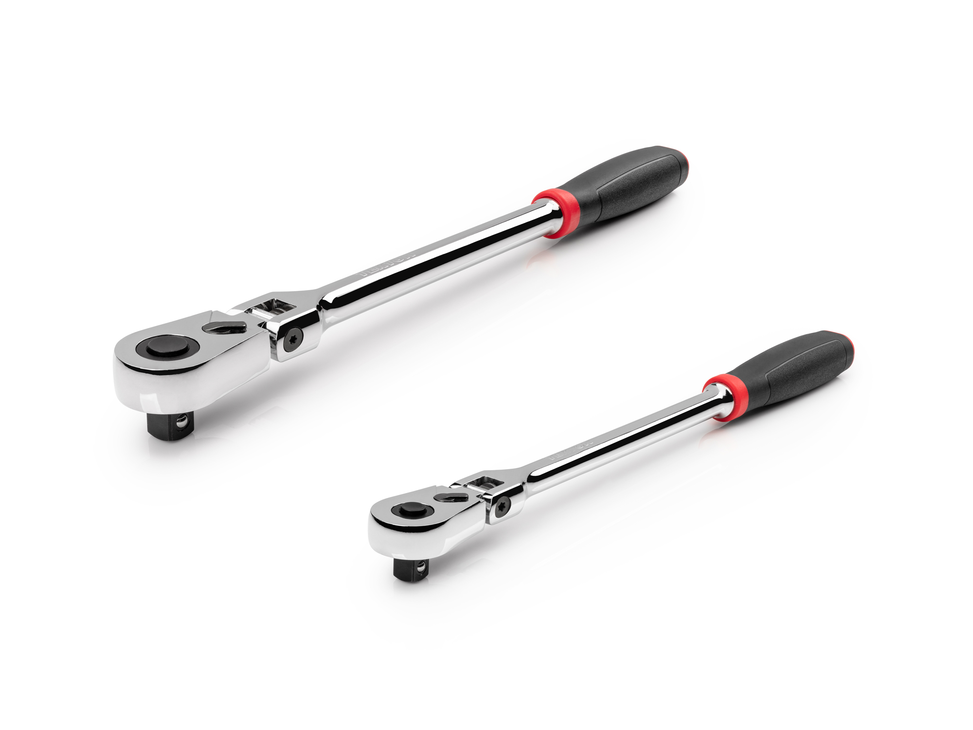 Set includes 3/8 inch drive x 12 inch and 1/2 inch drive x 14 inch flex head quick-release comfort grip ratchets. SRH99302.