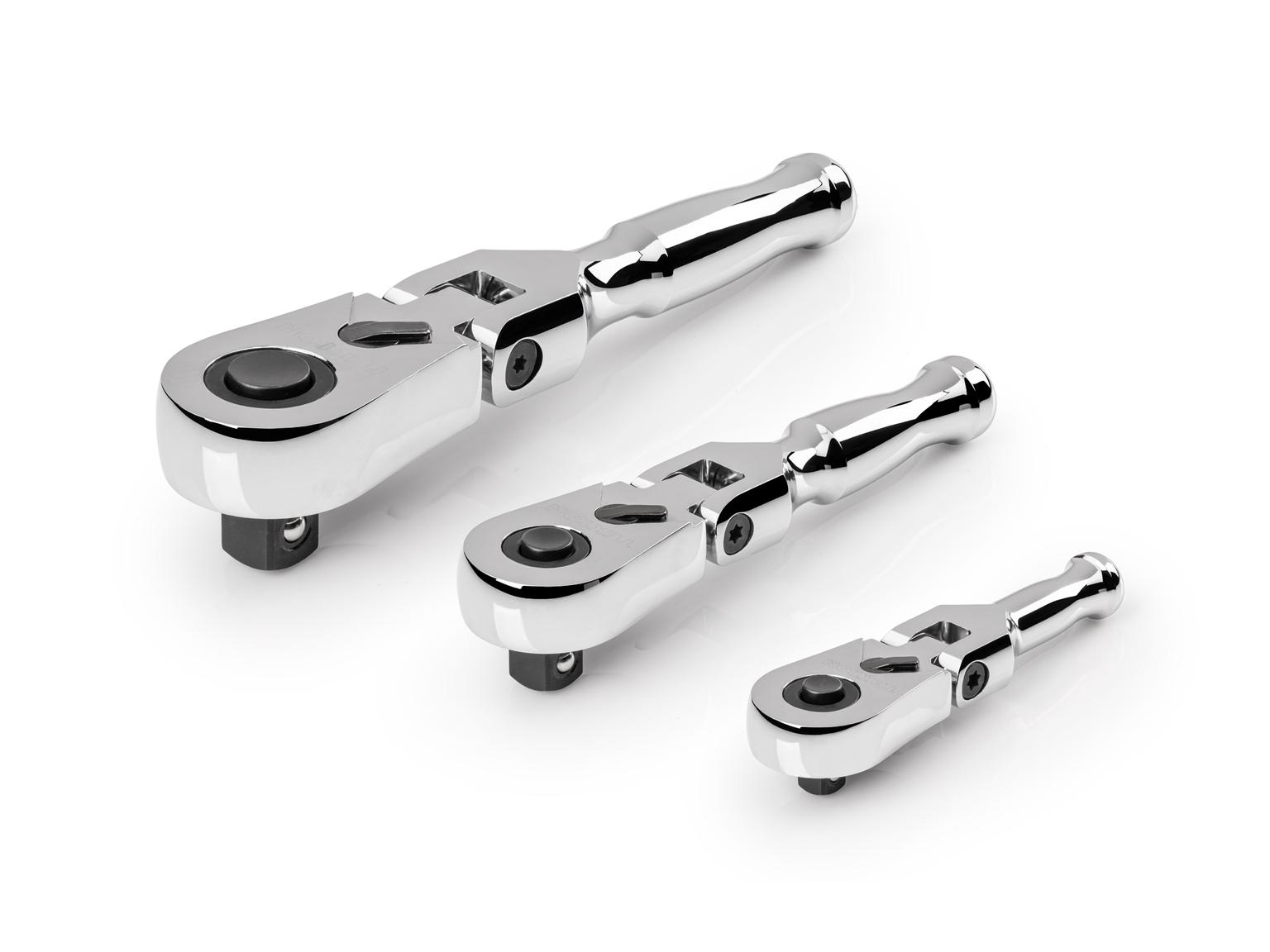 TEKTON 1/4, 3/8, 1/2 Inch Drive Flex Head Quick-Release Stubby Ratchet Set, 3-Piece (3, 4-1/2, 6 in.)