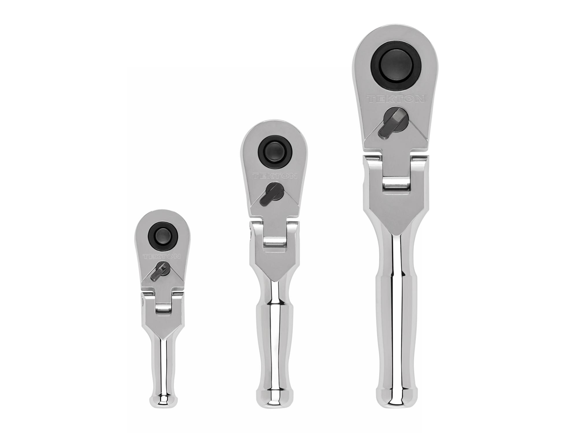 1/4, 3/8, 1/2 Inch Drive Flex Head Quick-Release Stubby Ratchet Set (3-Piece)
