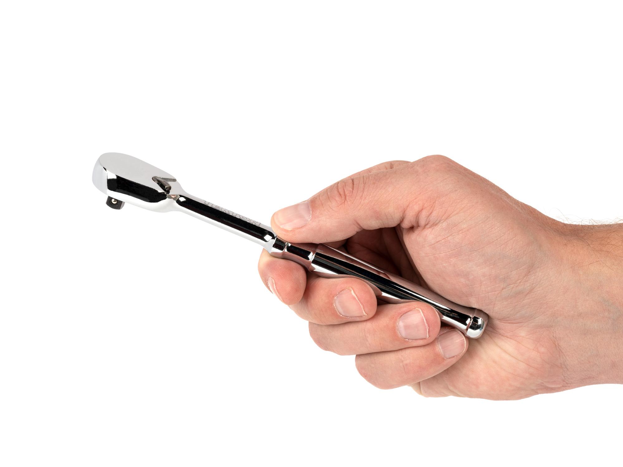 Person holding Tekton 6 inch ratchet. Item #SRH01006
