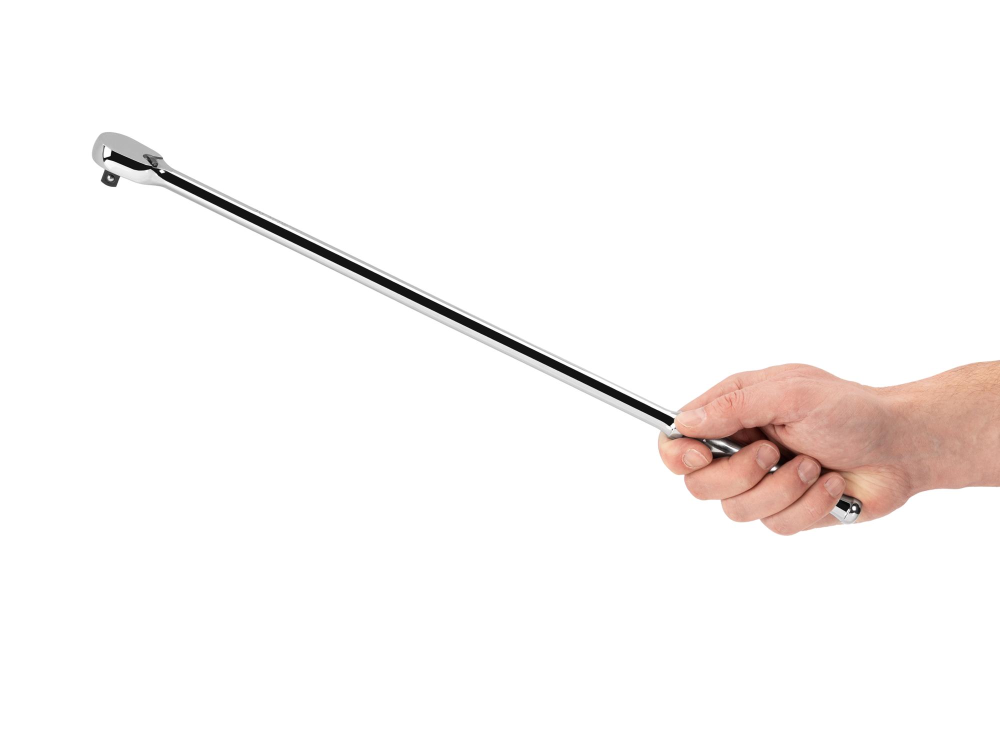 Person holding Tekton 18 inch ratchet. Item #SRH01118