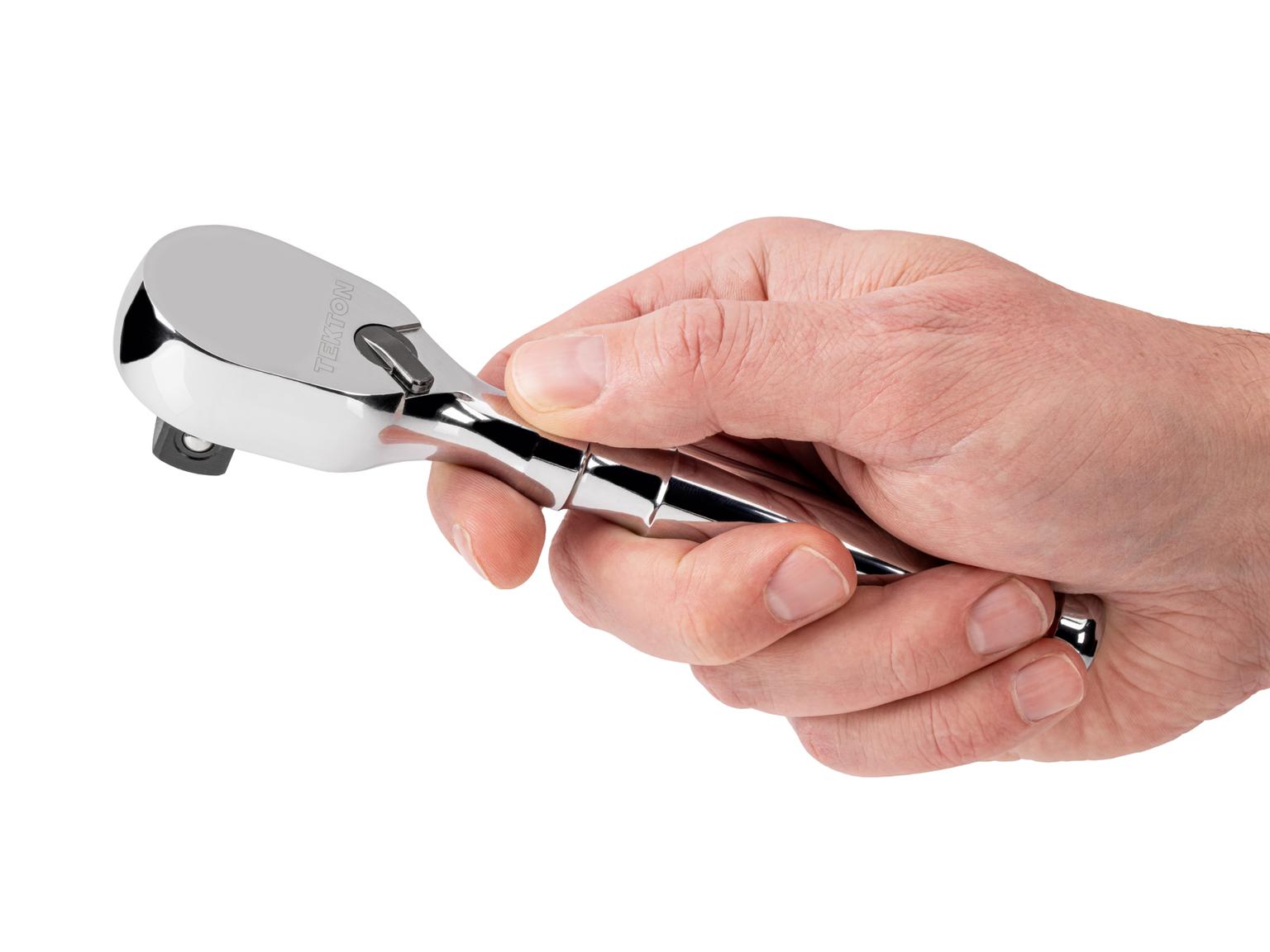 Person holding Tekton 6 inch ratchet. Item #SRH01206